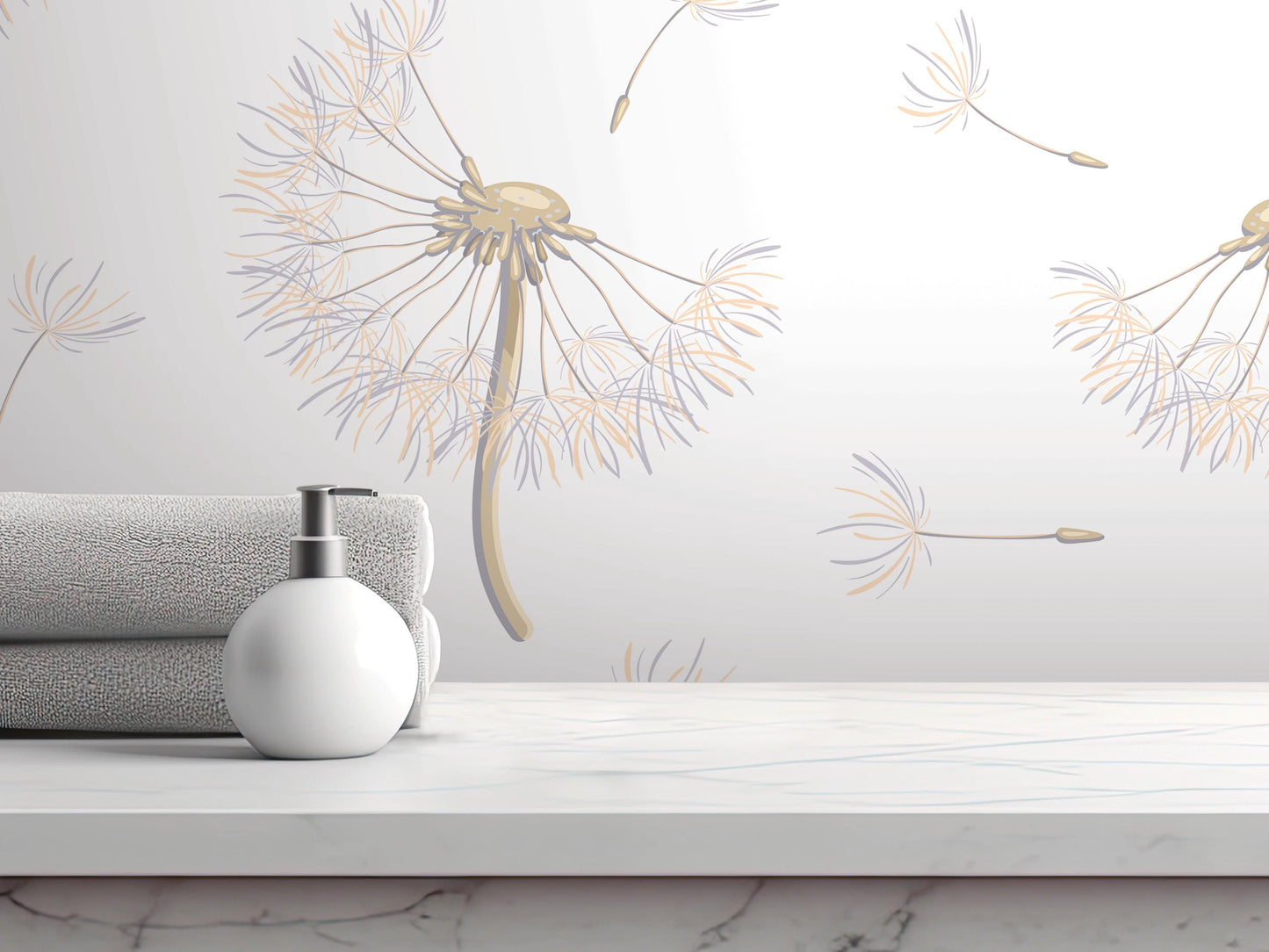 a white countertop with a white soap dispenser, a folded towel, and a rolled-up towel. The background has a decorative wall with a dandelion design and a repeating pattern of dandelions.