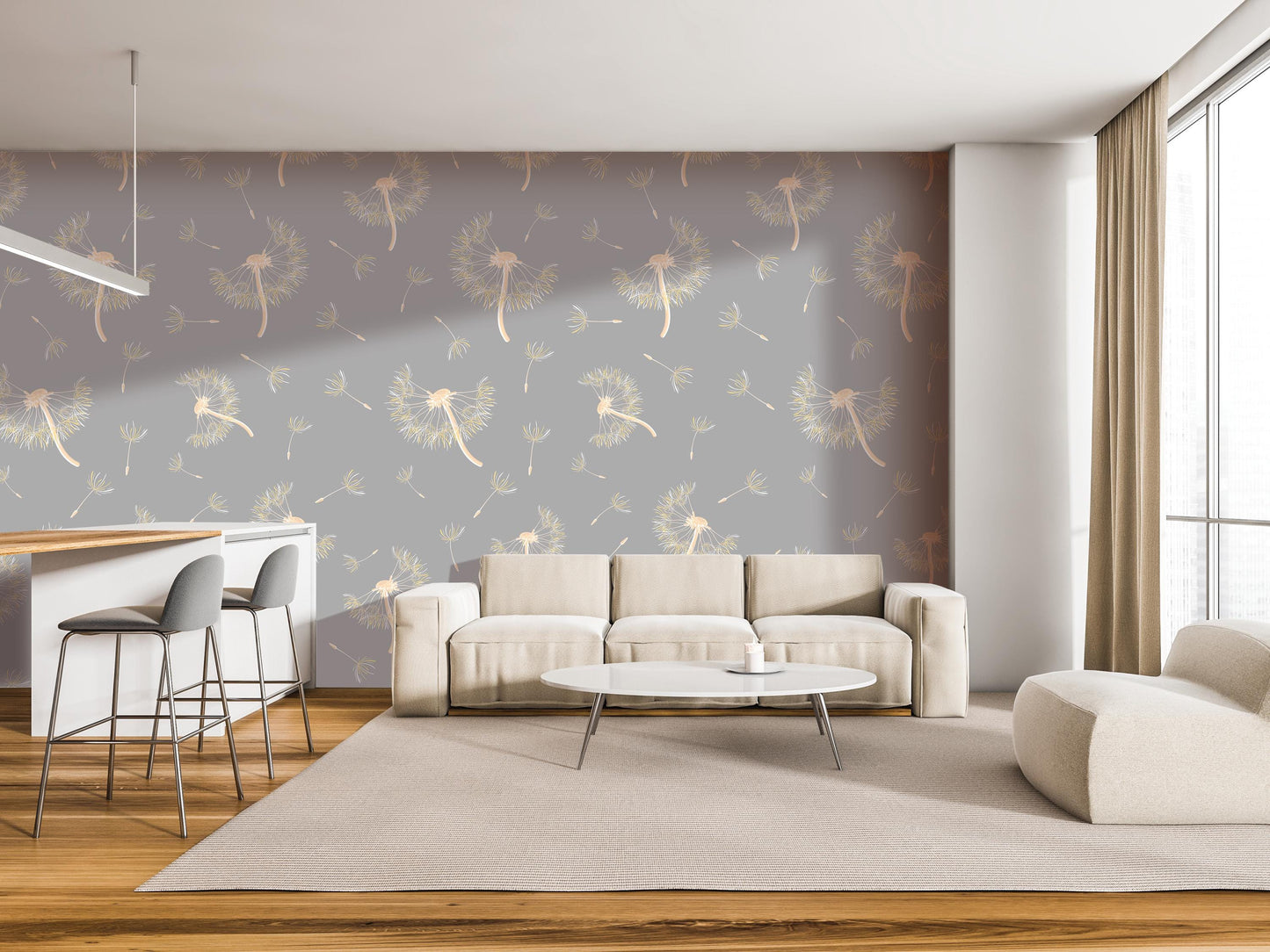 a modern living room with a gray and white color scheme, featuring a white sofa, a round coffee table, and a bar with stools. The walls are adorned with a patterned wallpaper, and the room is illuminated by natural light coming through a large window.