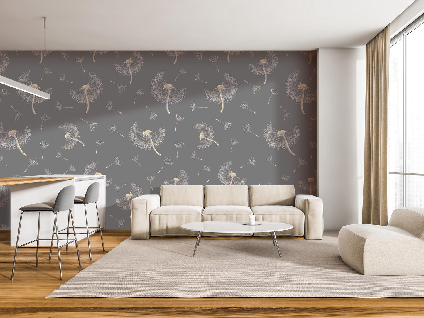 a modern living room with a gray and white color scheme, featuring a large wall with a repeating pattern of dandelions. The room includes a white sofa, a round coffee table, and a bar with stools. The overall design and layout of the space create a clean and minimalist aesthetic.