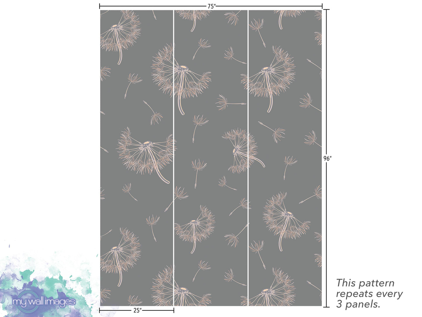 The image is a pattern of repeating dandelion-like designs in shades of gray and white, with the pattern repeating every 3 panels.