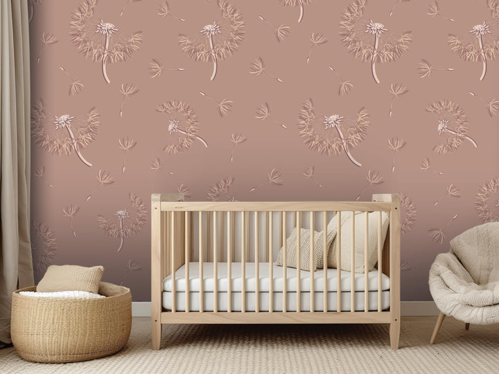 a nursery room with a wooden crib, a woven basket, and a plush chair. The walls are covered in a pink and white floral wallpaper, creating a warm and inviting atmosphere.