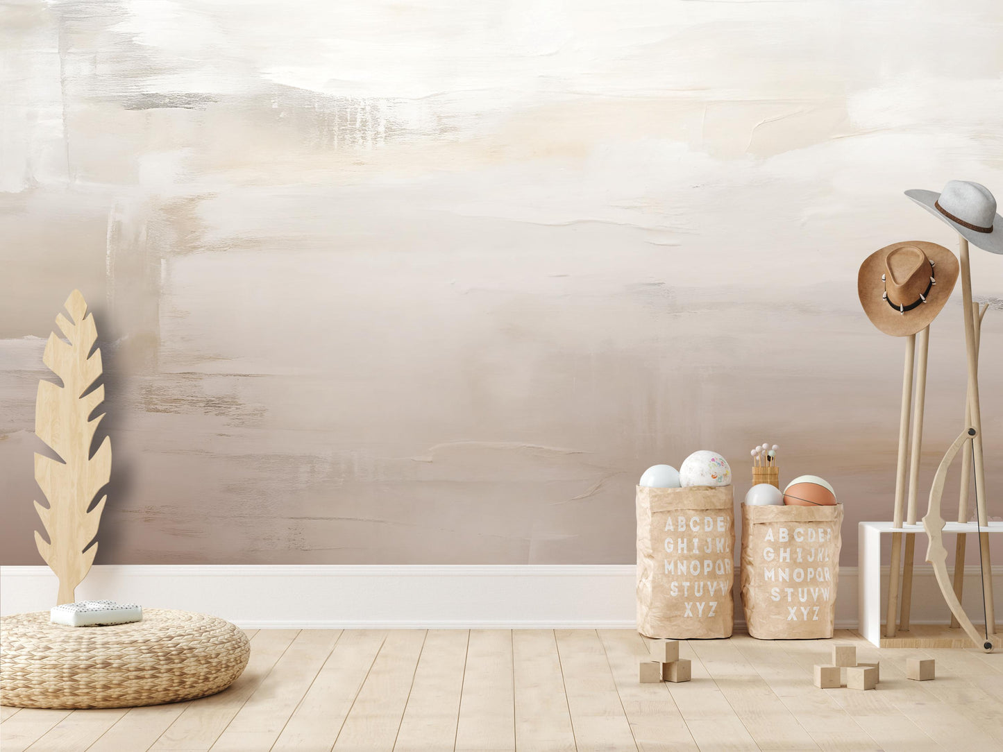 a minimalist and modern interior design with a neutral color palette. The focal point is a large abstract painting on the wall, which adds a sense of depth and texture to the space. In the foreground, there are two baskets, one labeled 'A' and the other 'B', and a wooden hat rack. The arrangement of these objects creates a visually pleasing and organized composition.