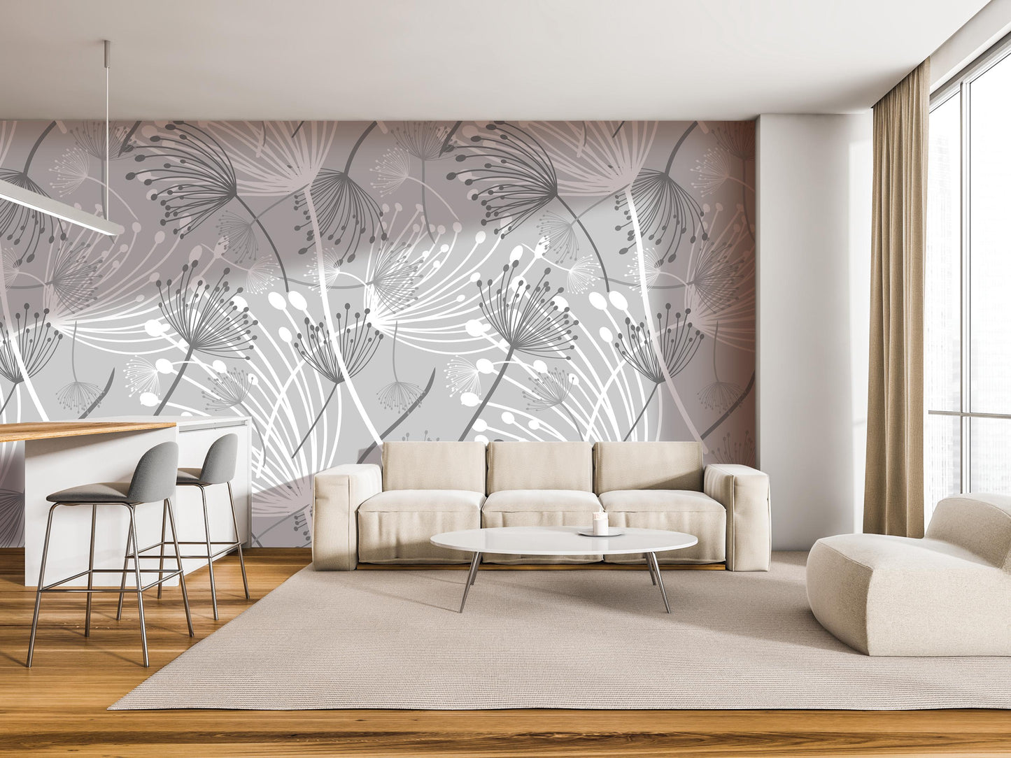 a modern living room with a large wall mural featuring a floral pattern in shades of gray and white. The room is furnished with a white sofa, a round coffee table, and a barstool. The overall design and color scheme create a clean and minimalist aesthetic.