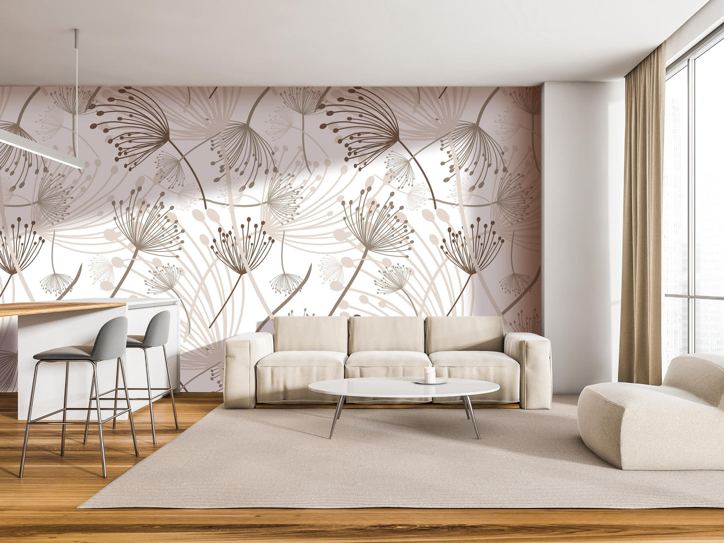 a modern living room with a large floral pattern on the wall behind a white sofa and a round coffee table. The room has a minimalist and clean design, with a wooden floor and a large window providing natural light.