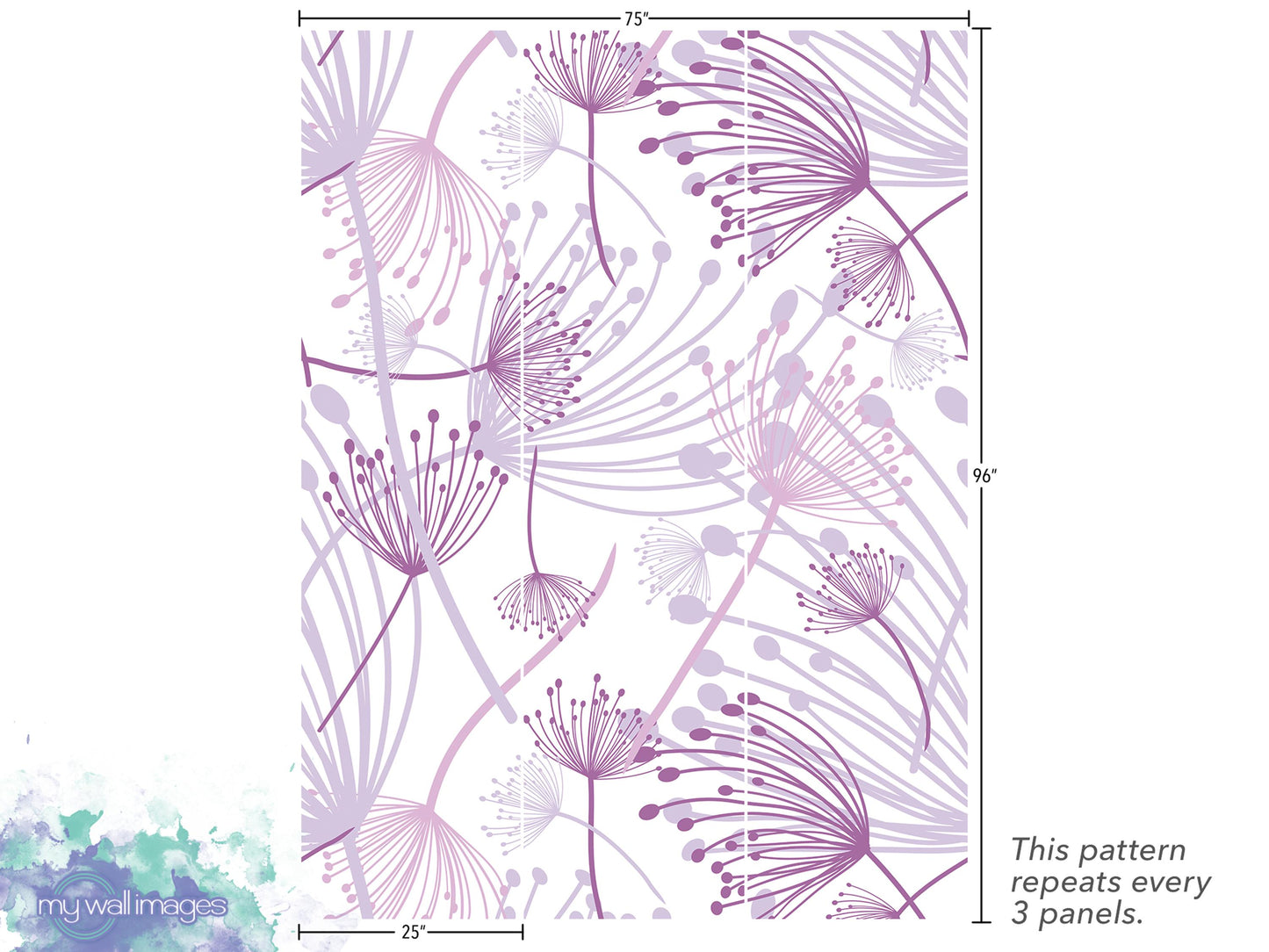 The image is a pattern of purple flowers with long, thin petals arranged in a repeating design. The pattern repeats every 3 panels, as indicated by the text.