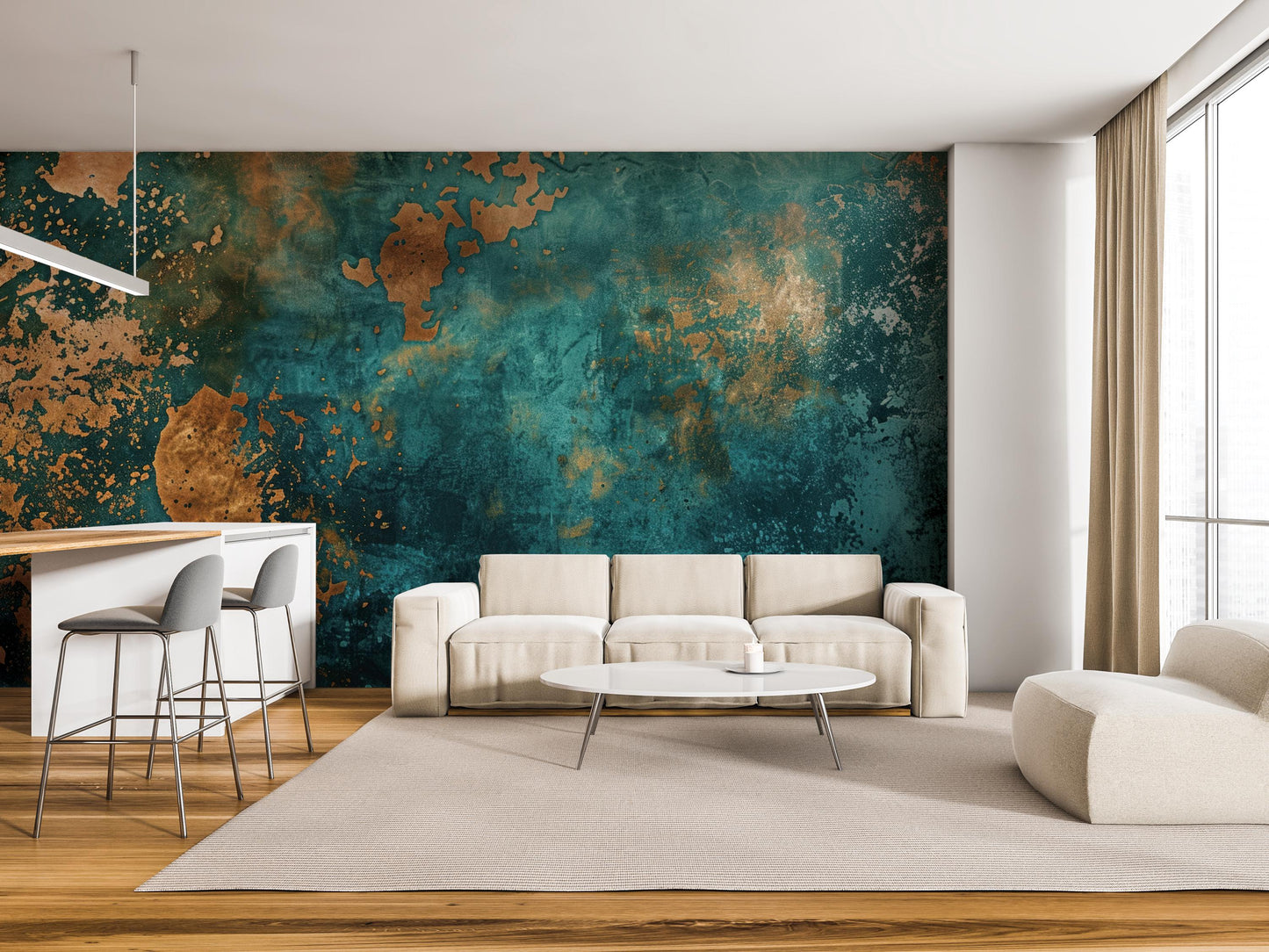 a modern living room with a large, colorful abstract mural on the wall behind a white sofa and a round coffee table. The room also includes a bar area with stools and a white chair.