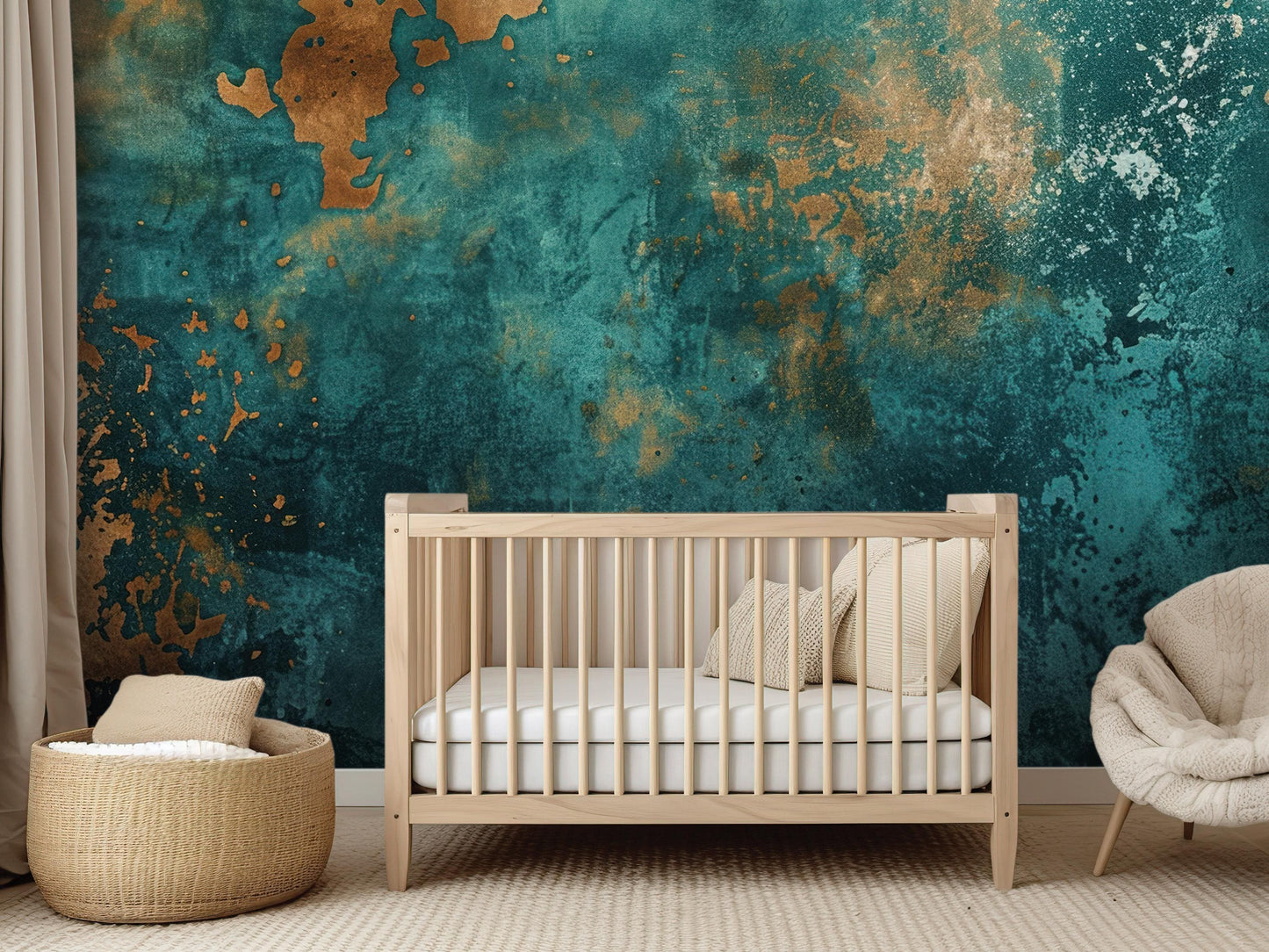 a modern nursery with a wooden crib, a woven basket, and a plush chair, all set against a textured green and blue wall with a gold-toned splatter design.