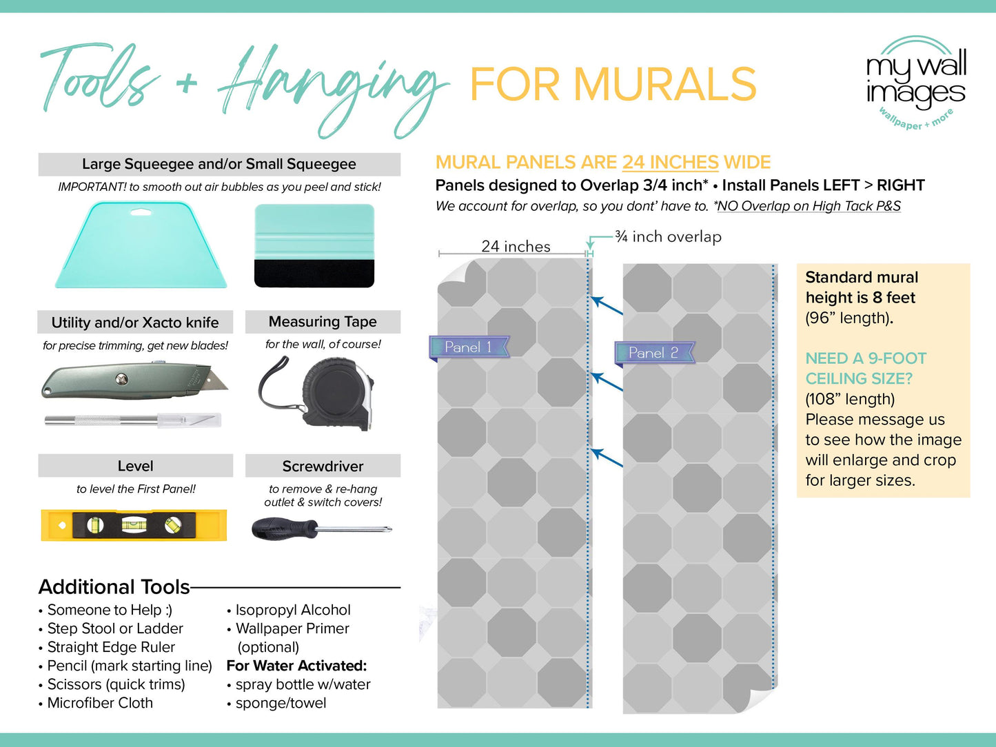 The image is a collection of tools and hanging tools for creating murals, including a large squeegee, a measuring tape, a utility knife, a screwdriver, and various other tools such as an alcohol wipe, a sponge, and a sponge/towel. The image also includes a standard mural height of 8 feet and a 9-foot ceiling size.