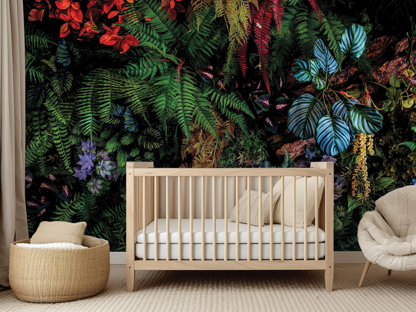 a nursery with a wooden crib, a woven basket, and a plush chair, all set against a vibrant mural of lush tropical foliage.