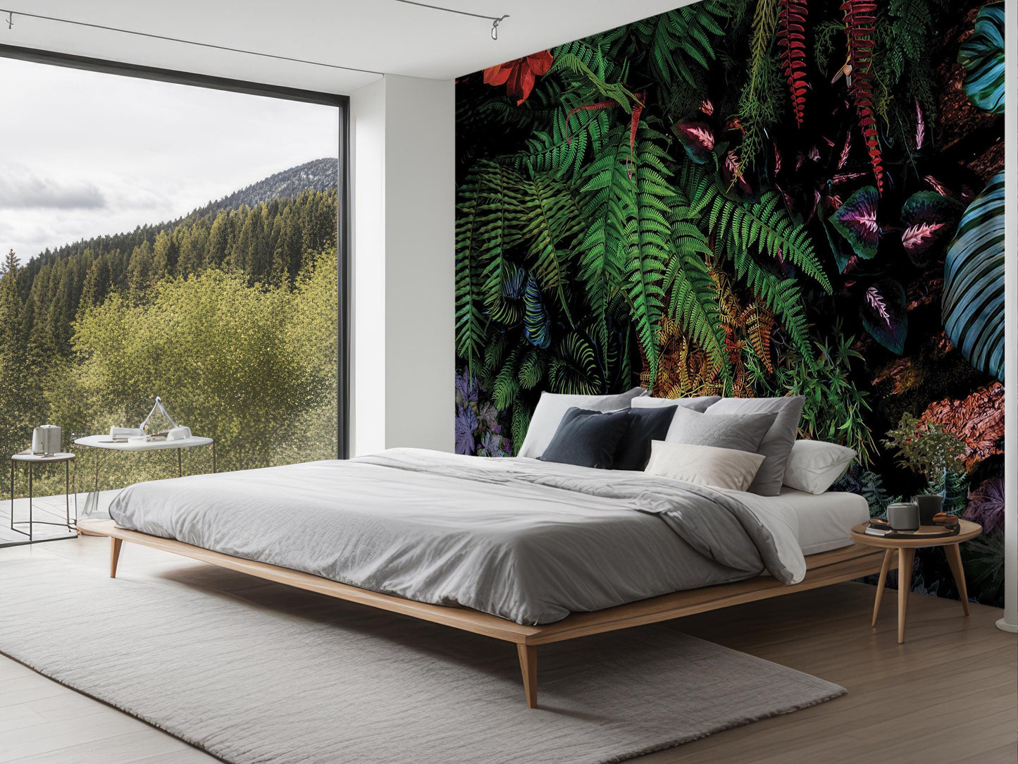 a modern bedroom with a large bed, a nightstand, and a large window overlooking a lush, tropical forest.