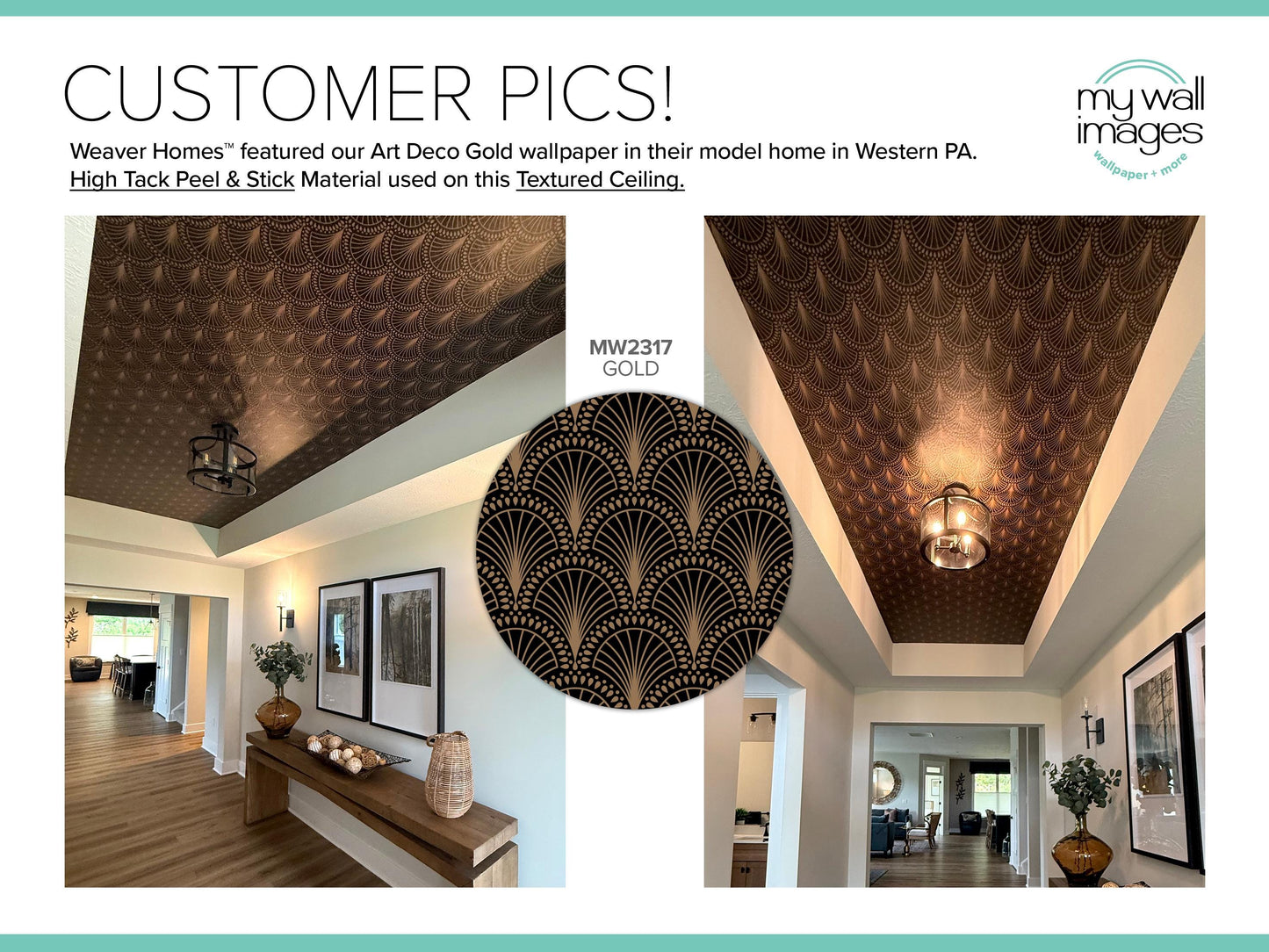 The image is a collage of two photos showcasing the interior design of a home. The first photo features a ceiling with a gold-colored Art Deco wallpaper, while the second photo shows a hallway with a wooden console table and a potted plant.