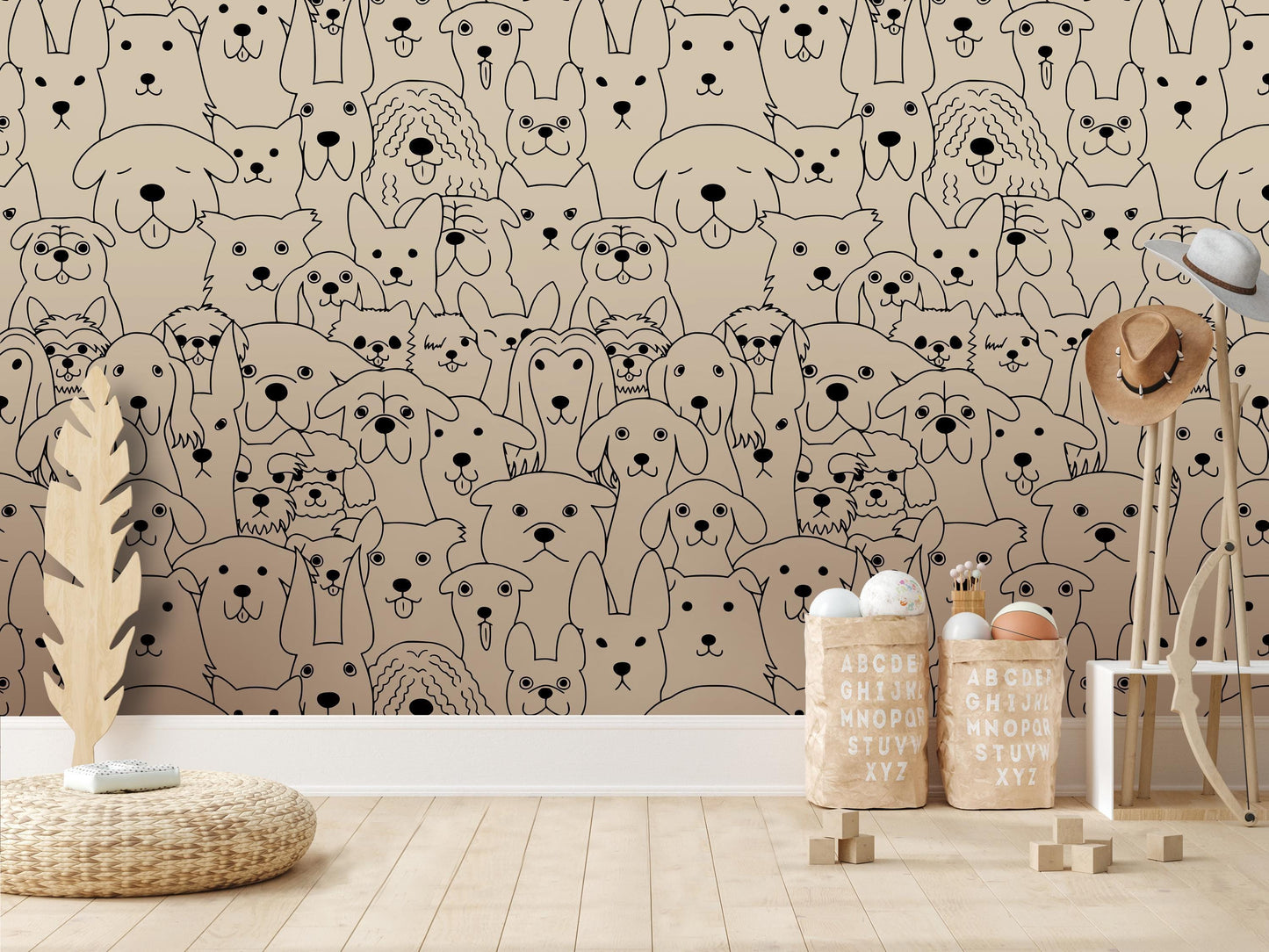 Playful Puppies Tan - Peel and Stick Wallpaper - Natural Wall Covering - Wall Mural - Removable Wallpaper - Wall Decor - Accent Wall, MW2315