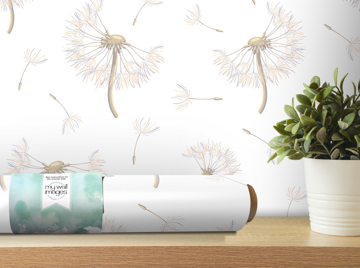 a wallpapered wall with a dandelion design, a potted plant, and a roll of wallpaper on a shelf.