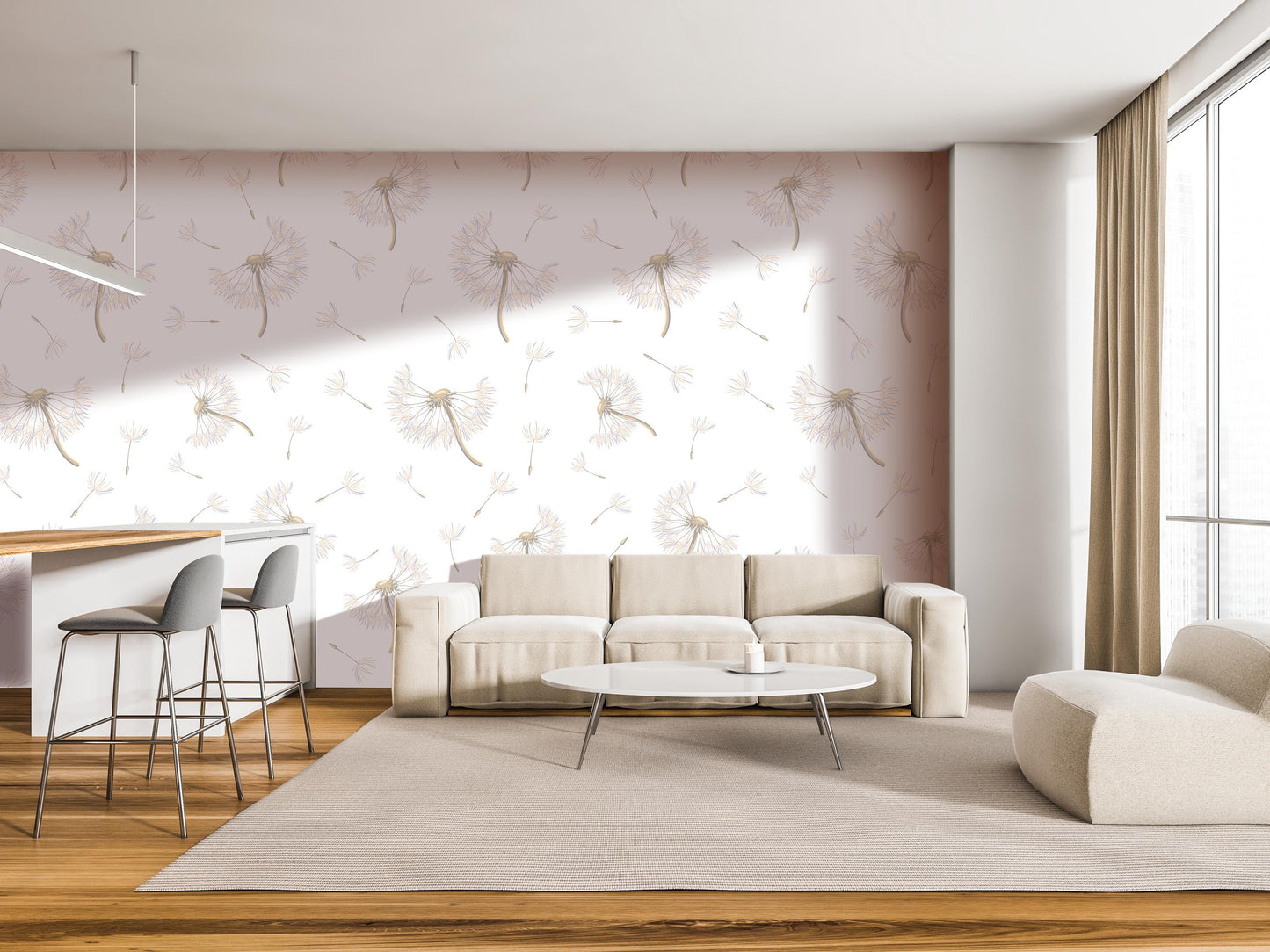 a modern living room with a white sofa, a round coffee table, and a barstool. The room has a minimalist and clean design, with a patterned wallpaper on the wall and a large window providing natural light.