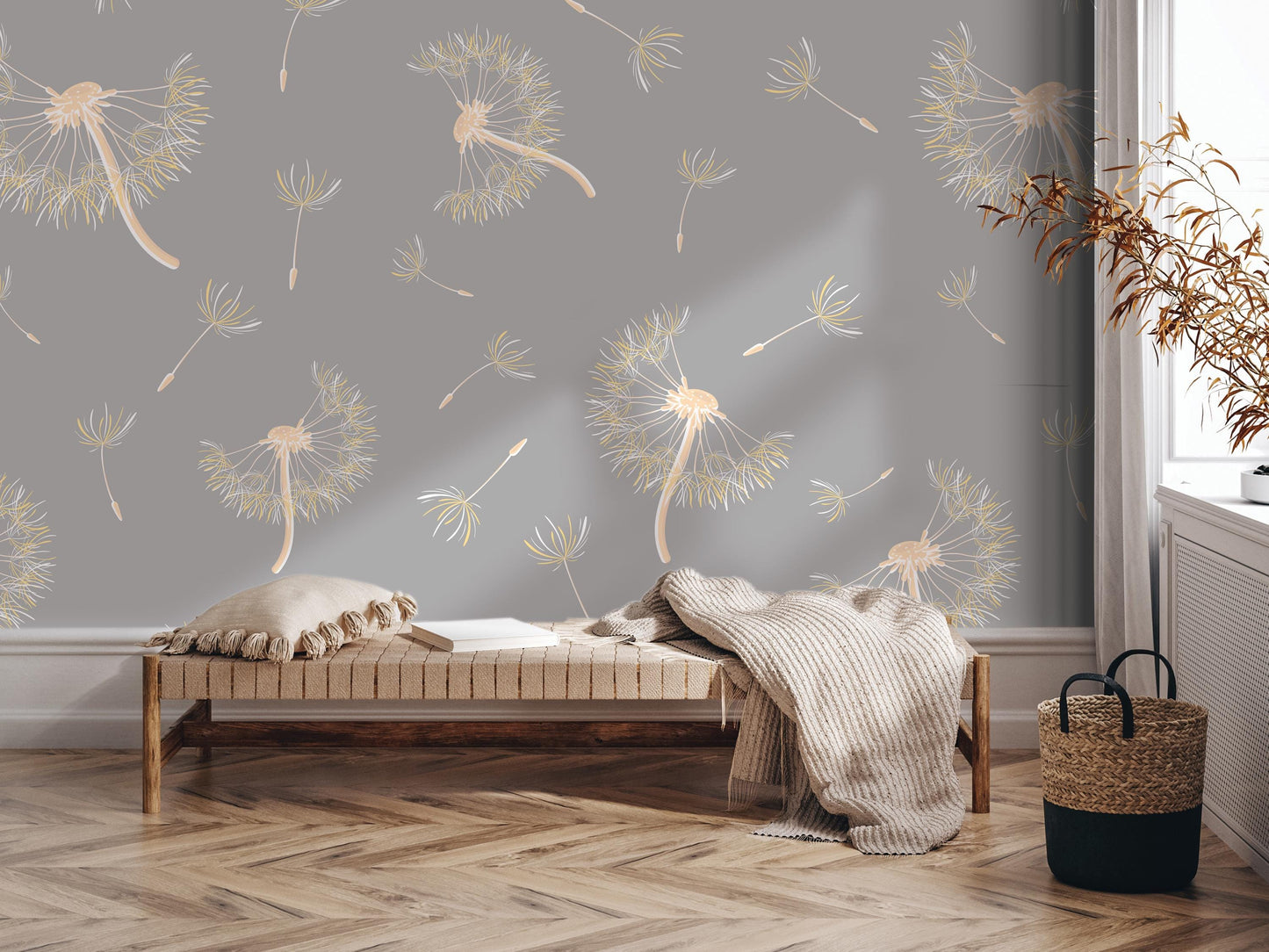 a cozy and inviting living space with a wooden bench, a woven basket, and a decorative wall with a repeating pattern of dandelions in shades of gray and beige.