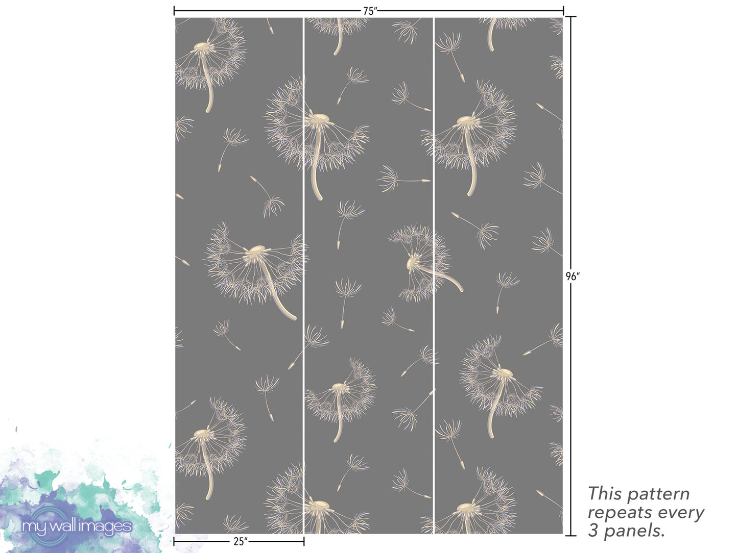 The image is a pattern of repeating dandelion-like designs on a dark background, with dimensions provided.