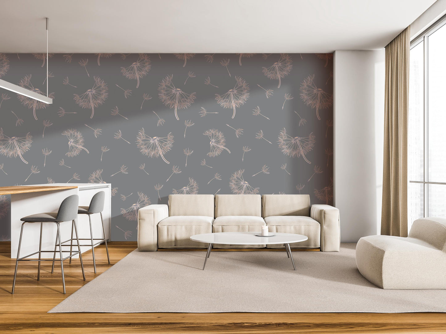 a modern living room with a gray and white color scheme, featuring a white sofa, a round coffee table, and a bar with stools. The room has a large window, a gray wall with a repeating pattern, and a wooden floor.