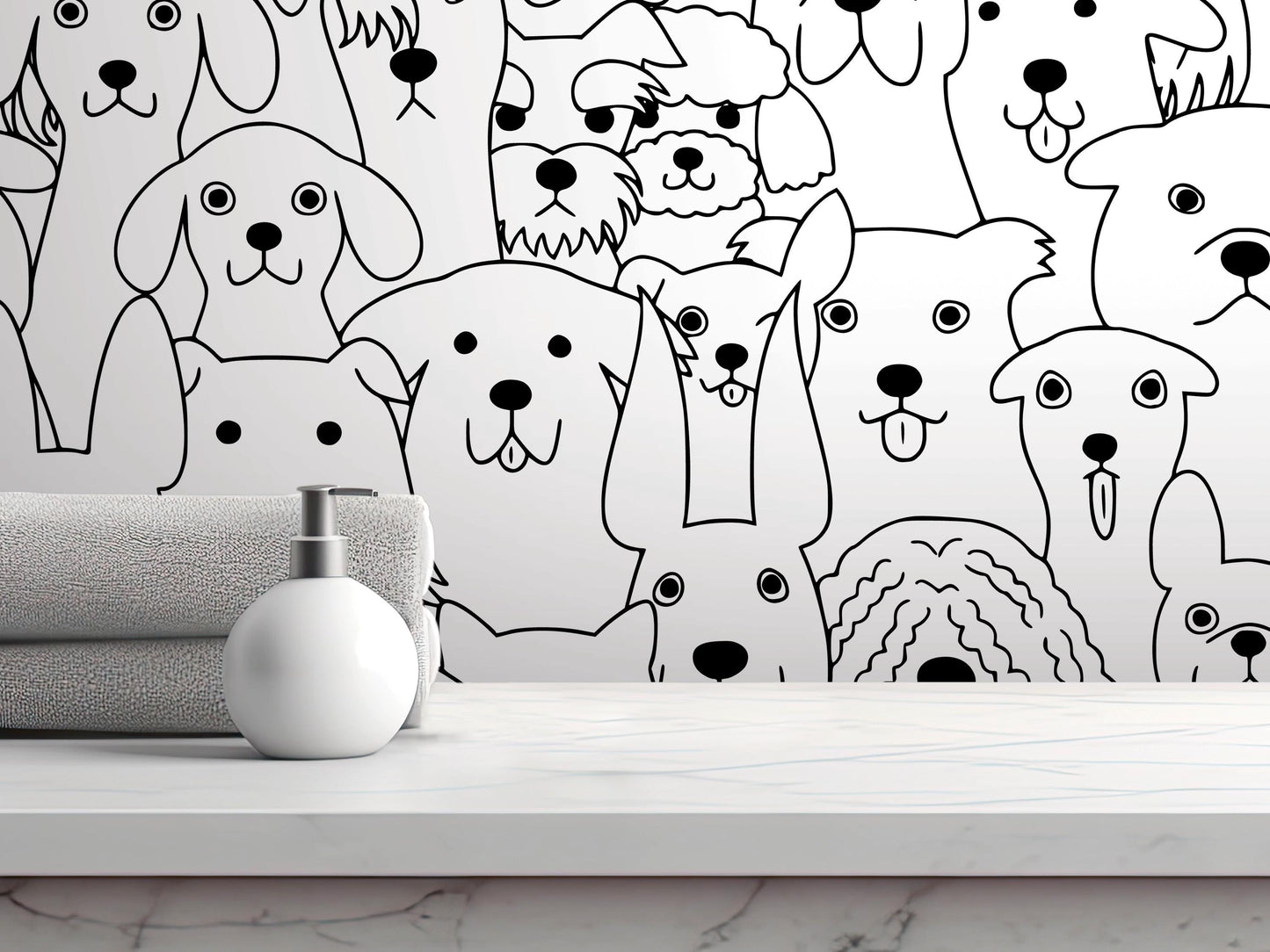 A white soap dispenser sits on a white marble countertop, with a black and white illustration of various dog breeds in the background.