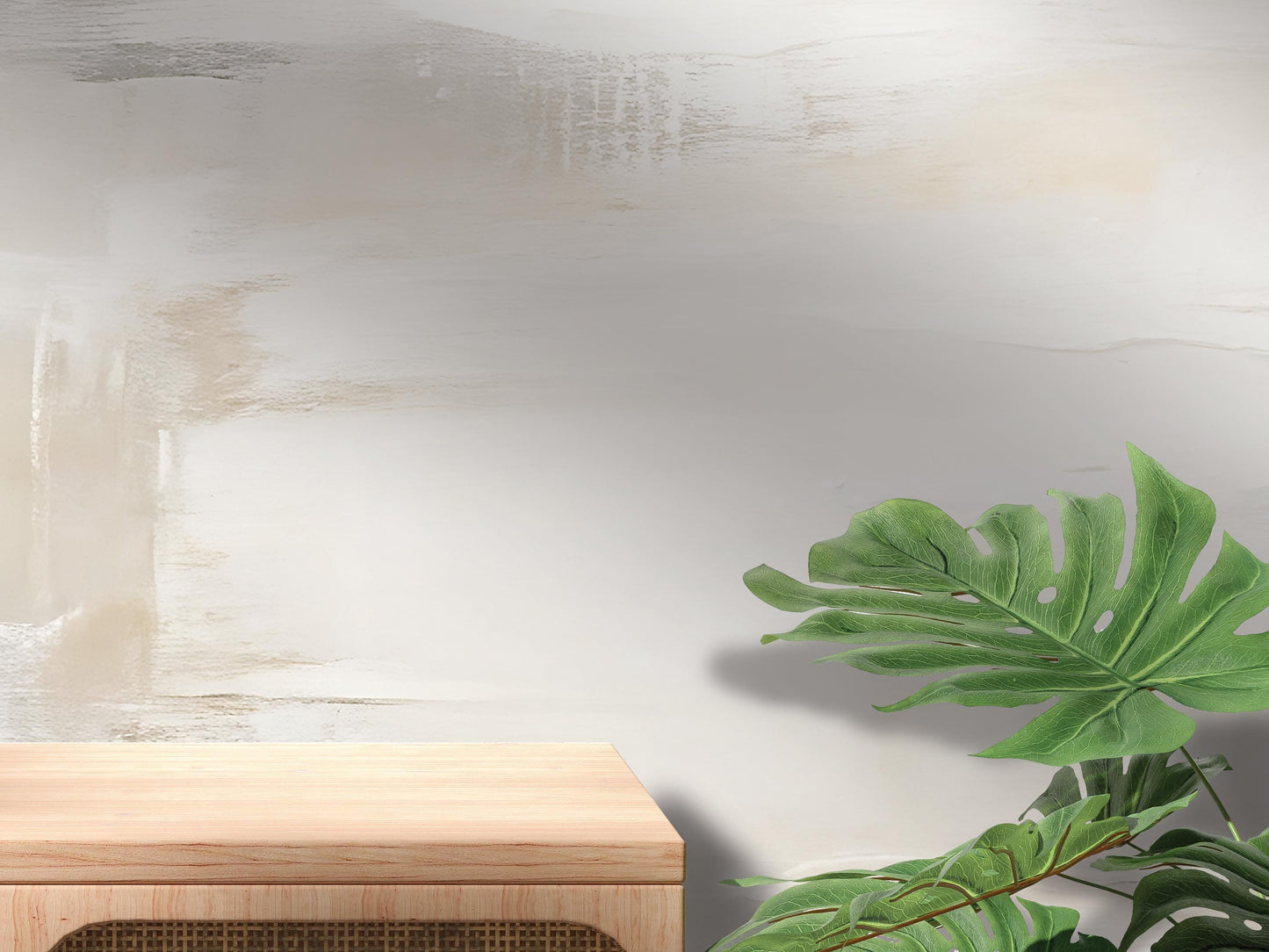 a wooden table with a plant on top of it, set against a textured white wall.