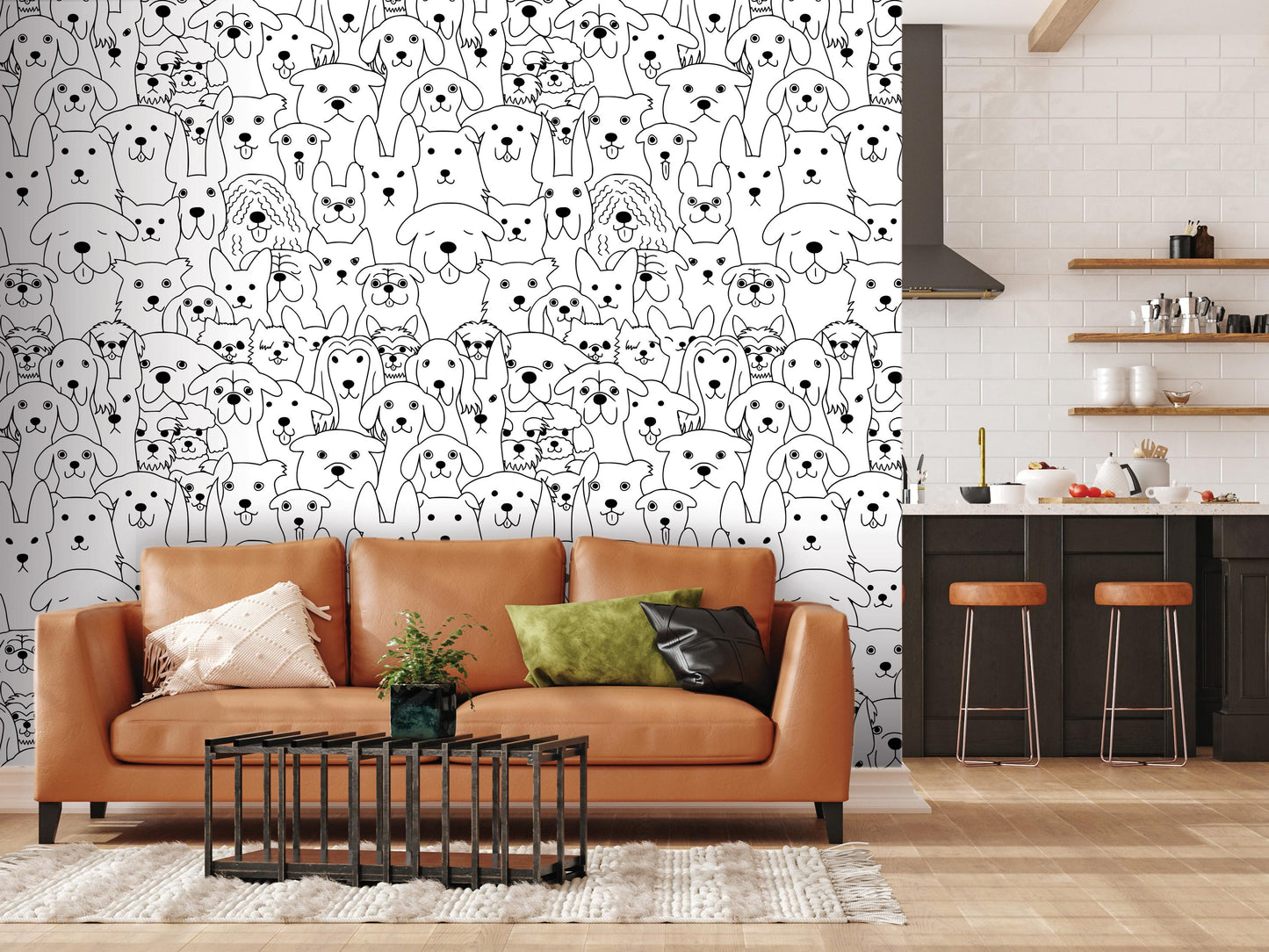 a living room with a brown leather sofa, a coffee table, and a kitchen area with a counter and stools. The wall behind the sofa is covered in a repeating pattern of black and white dog illustrations.