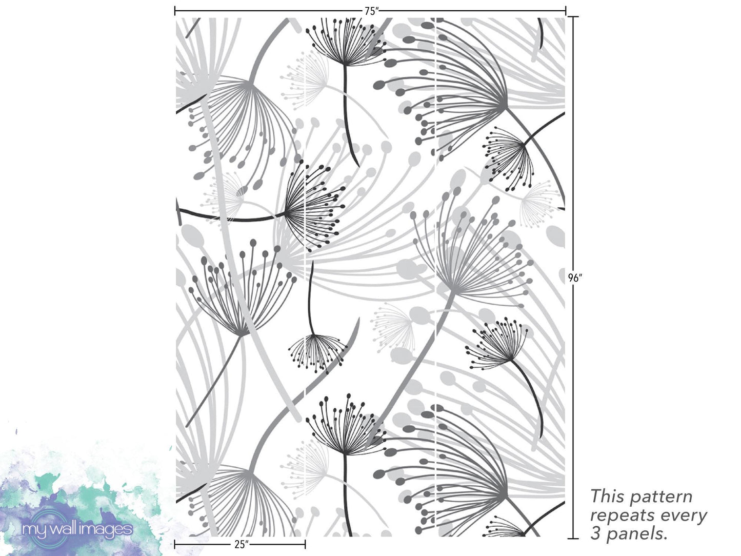 The image is a repeating pattern of stylized black and white flowers or dandelions, with varying sizes and shapes, creating a visually striking and dynamic design.