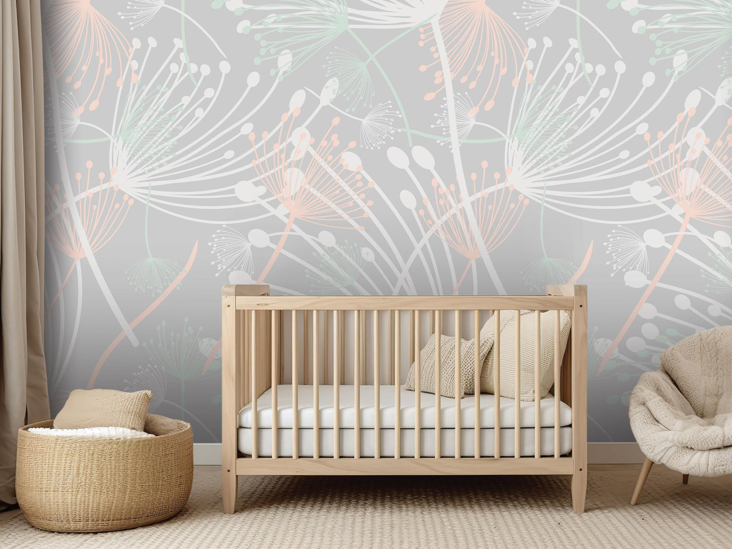 a nursery room with a wooden crib, a woven basket, and a plush chair. The room has a gray and white color scheme with a floral pattern on the walls.