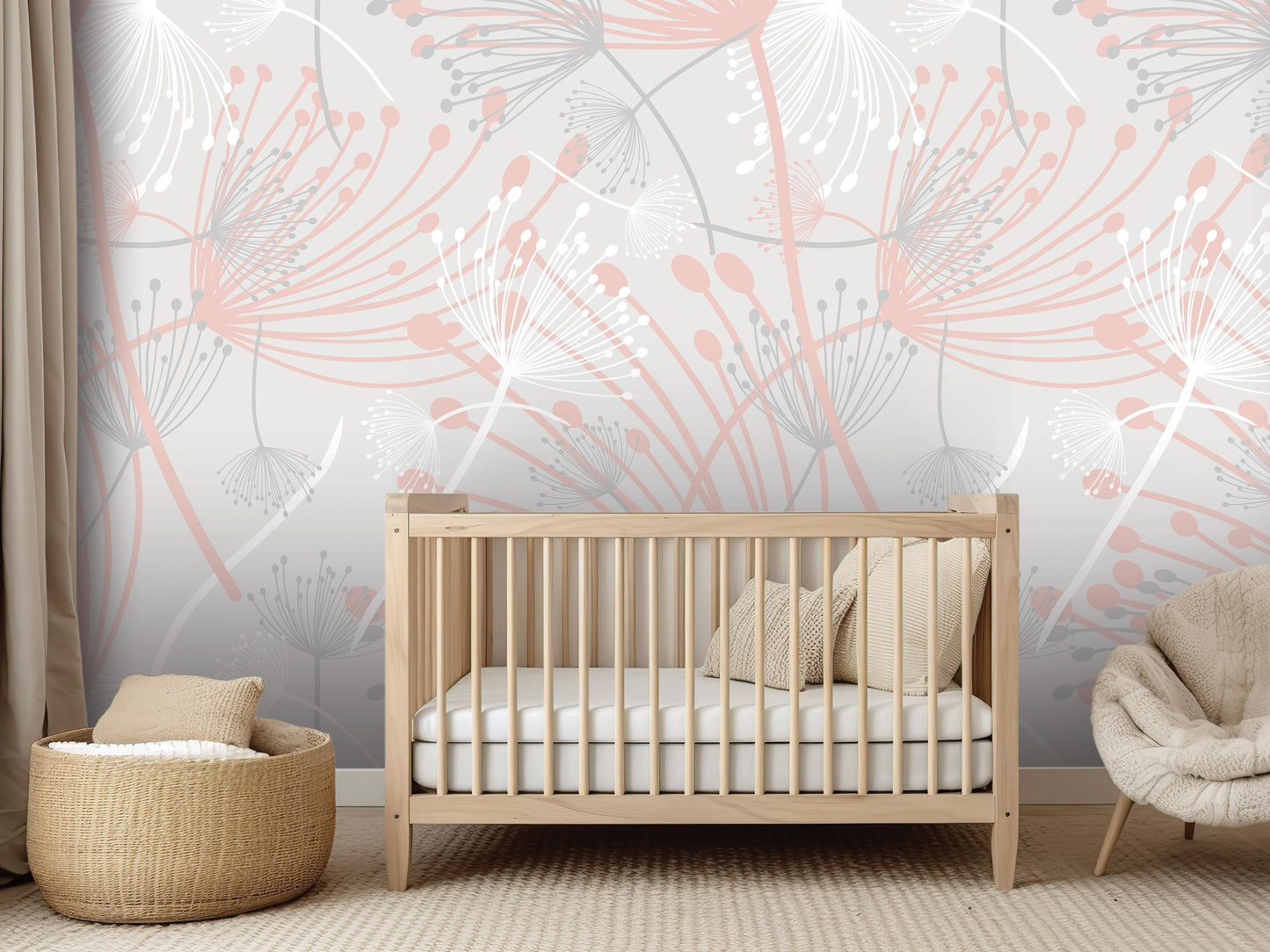 a nursery room with a wooden crib, a woven basket, and a plush chair. The walls are decorated with a floral pattern in shades of pink and gray.