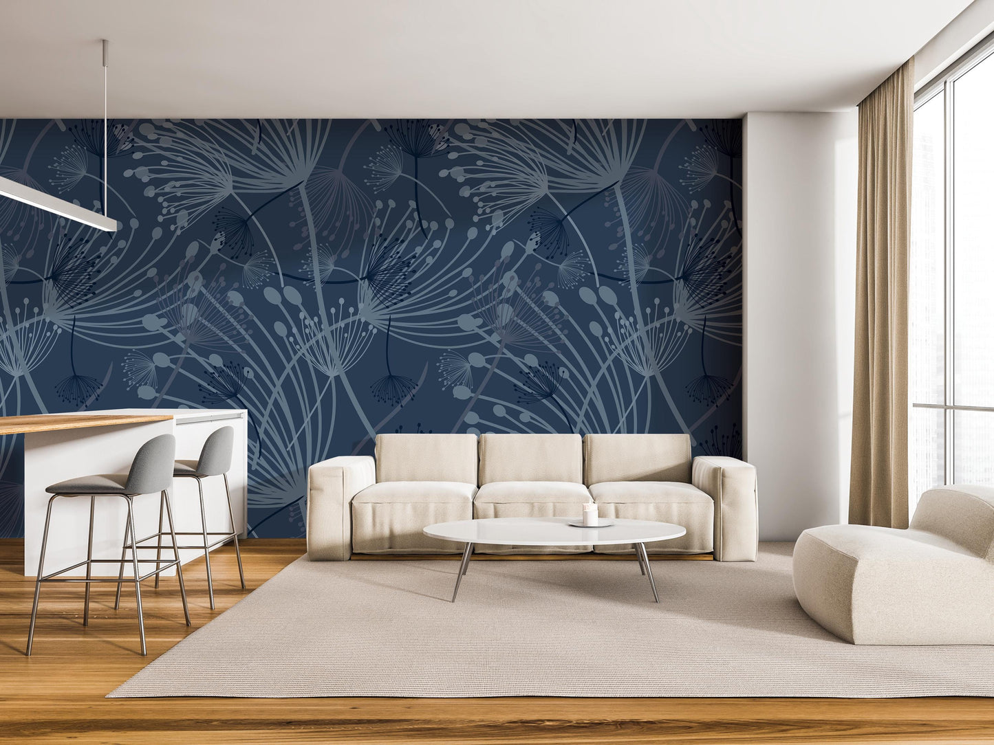 a modern living room with a large blue wall featuring a repeating pattern of dandelion-like designs. The room is furnished with a white sofa, a round coffee table, and a barstool. The overall design has a minimalist and clean aesthetic.