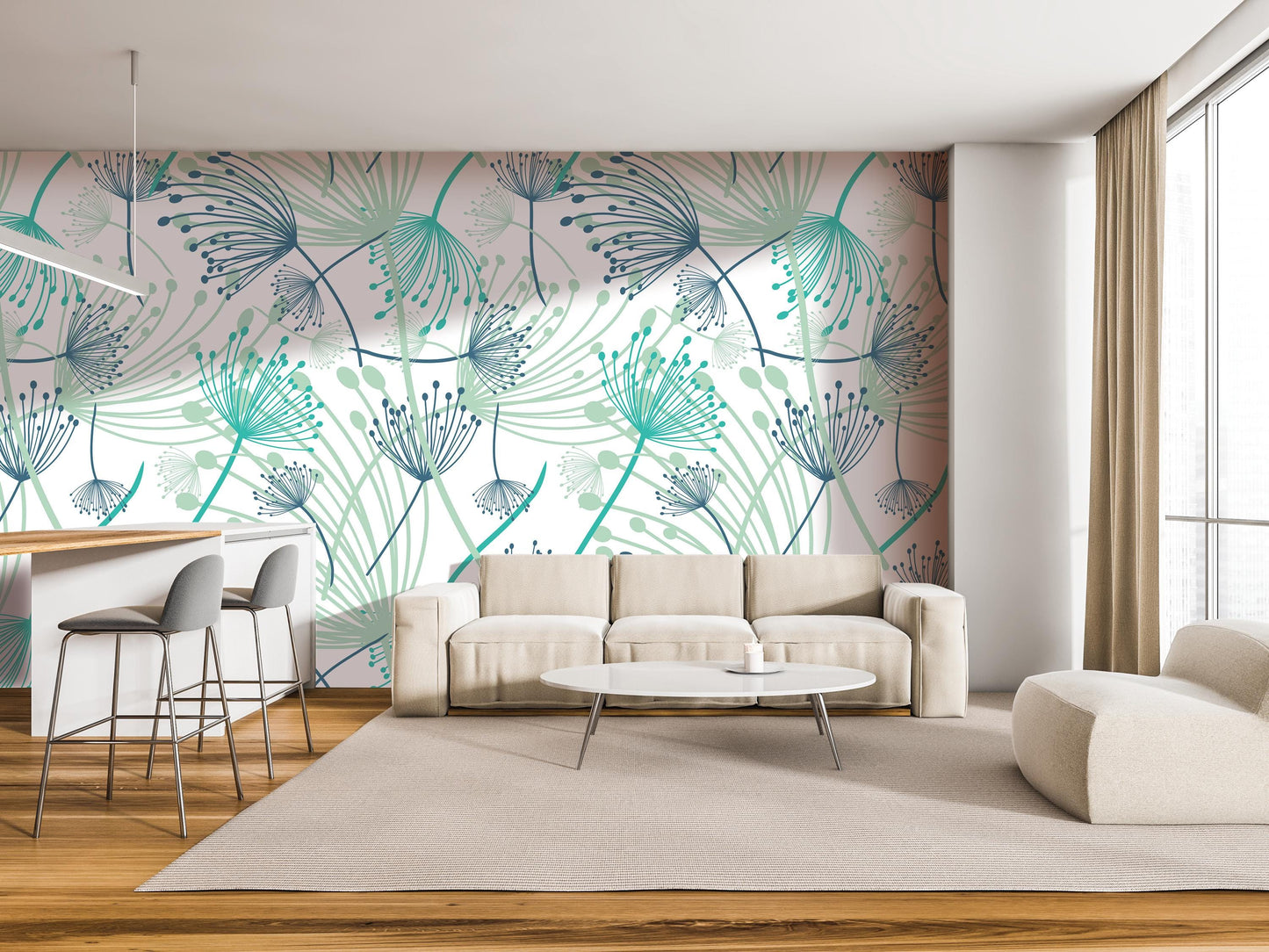 a modern living room with a large wall mural featuring a floral pattern in shades of green and blue. The room is furnished with a white sofa, a round coffee table, and a barstool. The overall design and color scheme create a serene and inviting atmosphere.