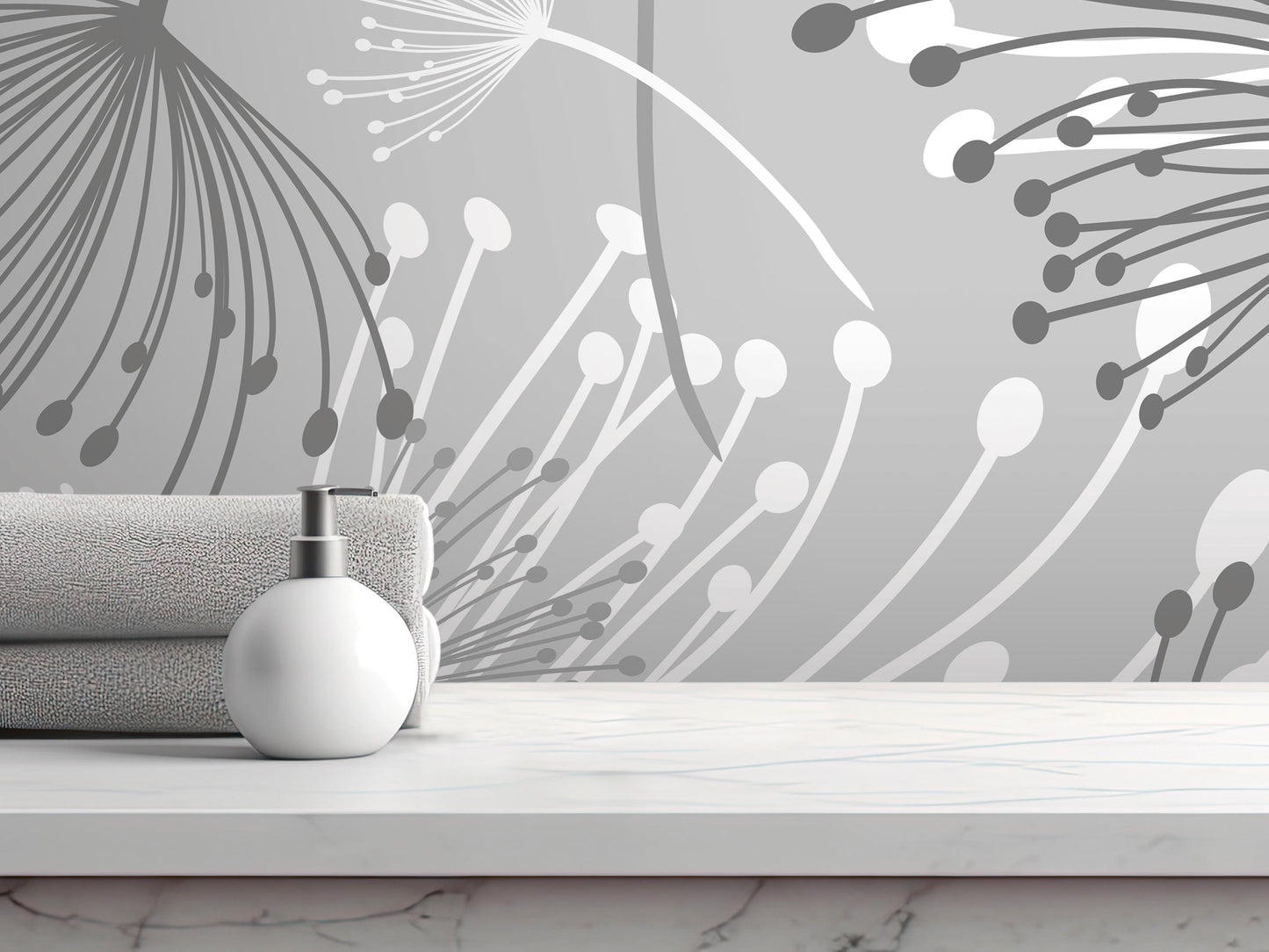 a white soap dispenser on a white marble countertop, with a gray towel and a gray and white abstract wall design in the background.
