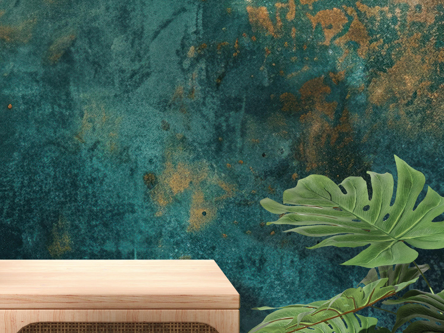 a wooden table with a plant in the background, set against a textured green and blue background with a distressed appearance.