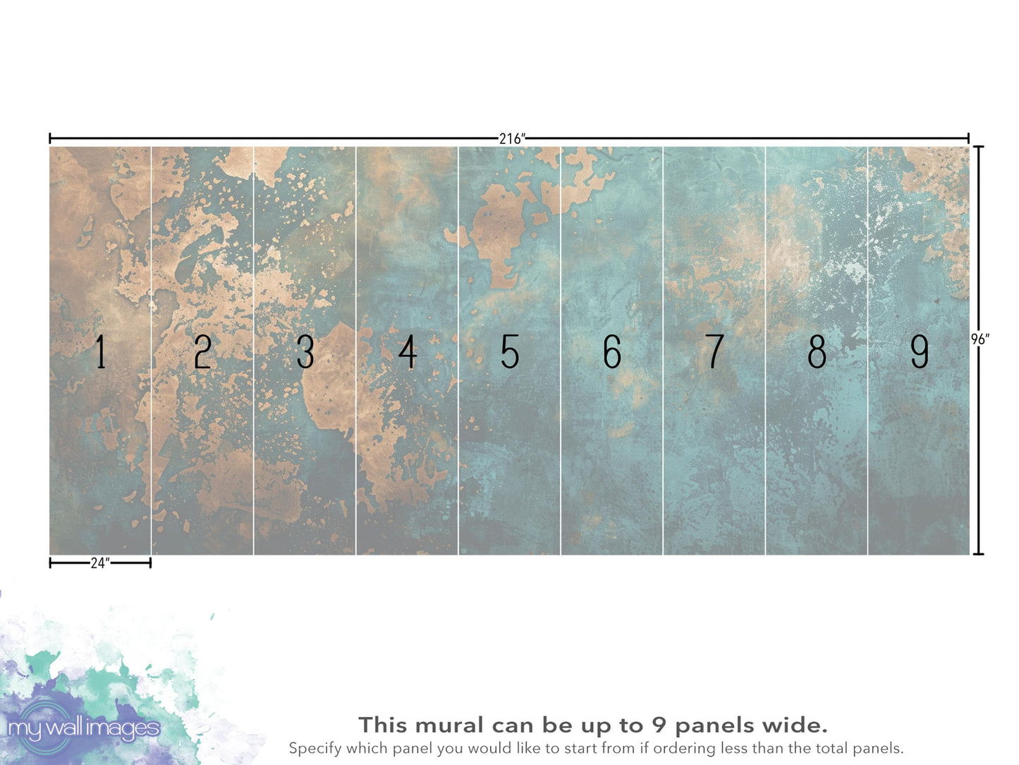 The image is a mural that can be up to 9 panels wide. The mural features a blue and green color scheme with a textured background. The dimensions of the mural are 24 inches by 9 inches.