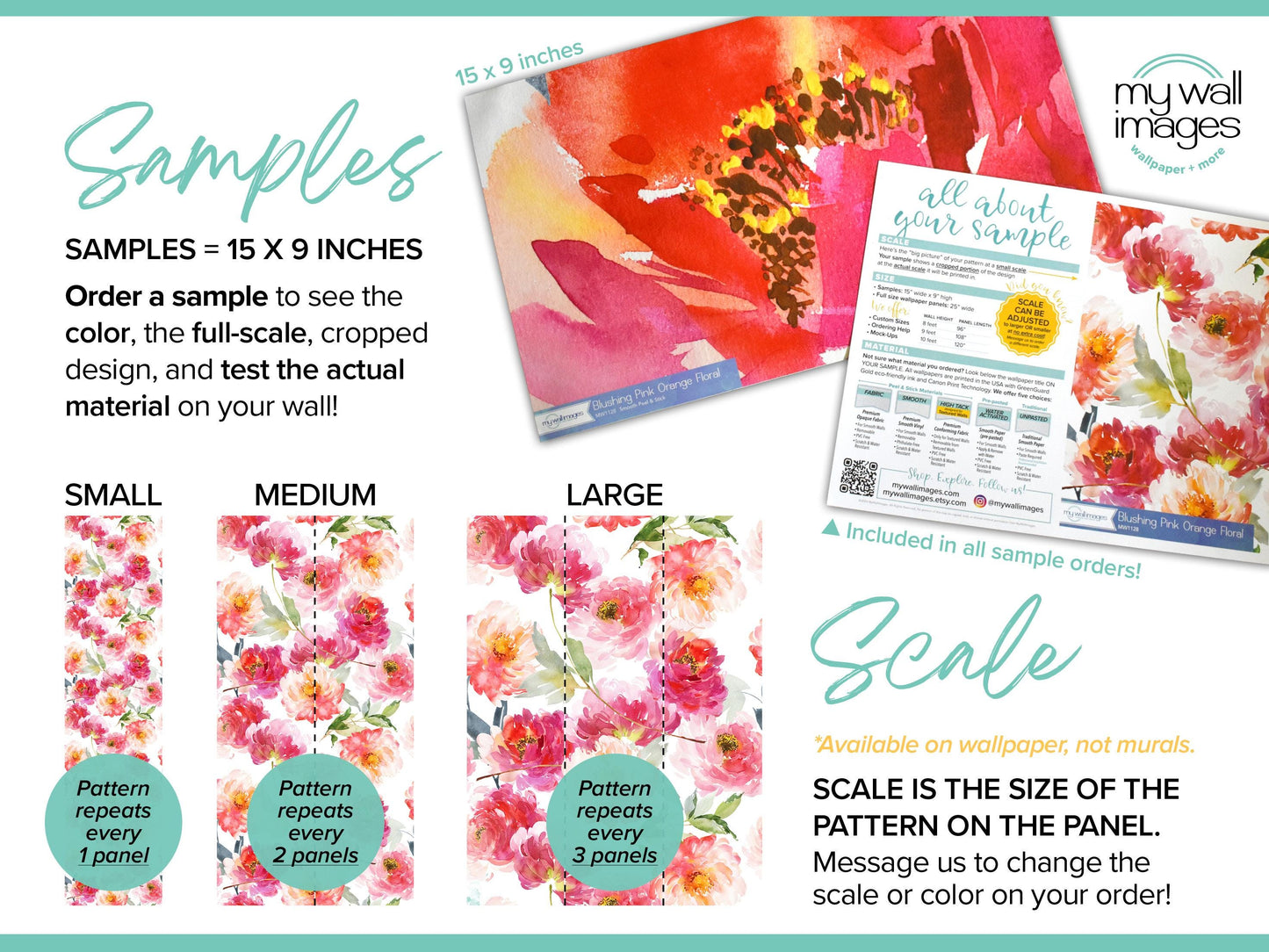 The image is a promotional material for a company called "my wall images". It features three different sample designs of floral patterns, each with a different size, ranging from small to large. The samples are available for purchase, and the company offers a message that allows customers to change the scale of the pattern on their order.