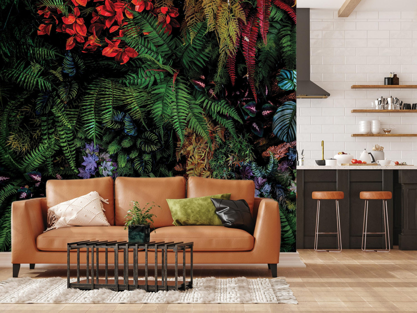 a living room with a large wall mural depicting a lush, tropical jungle scene. The room is furnished with a brown leather sofa, a coffee table, and a kitchen area with a counter and stools.