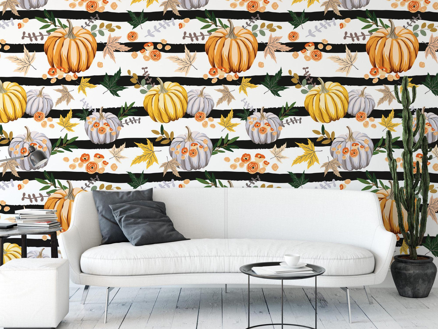 Pumpkins and Flowers on Stripes Temporary Removable Wallpaper, Peel and Stick Wallpaper, Mural, Fall Wallpaper, Accent Wall, MW1913