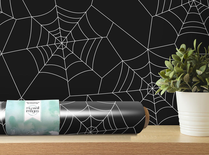 a black and white spider web wallpaper next to a potted plant