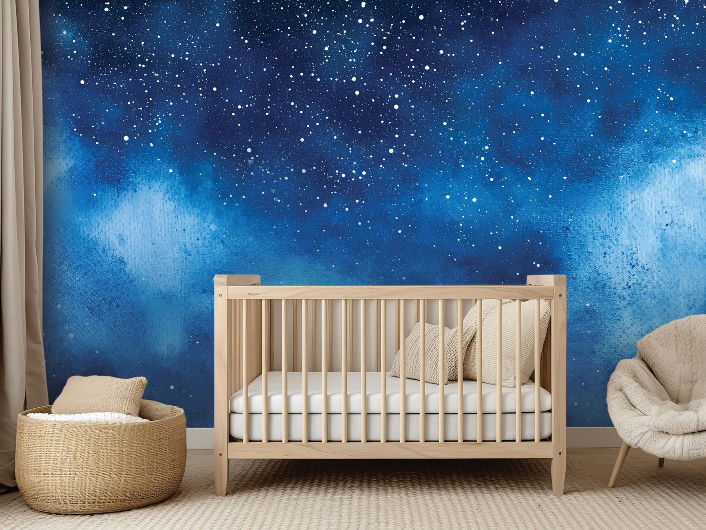 a serene nursery room with a wooden crib, a beige chair, and a woven basket, all set against a wall with a starry night sky mural.