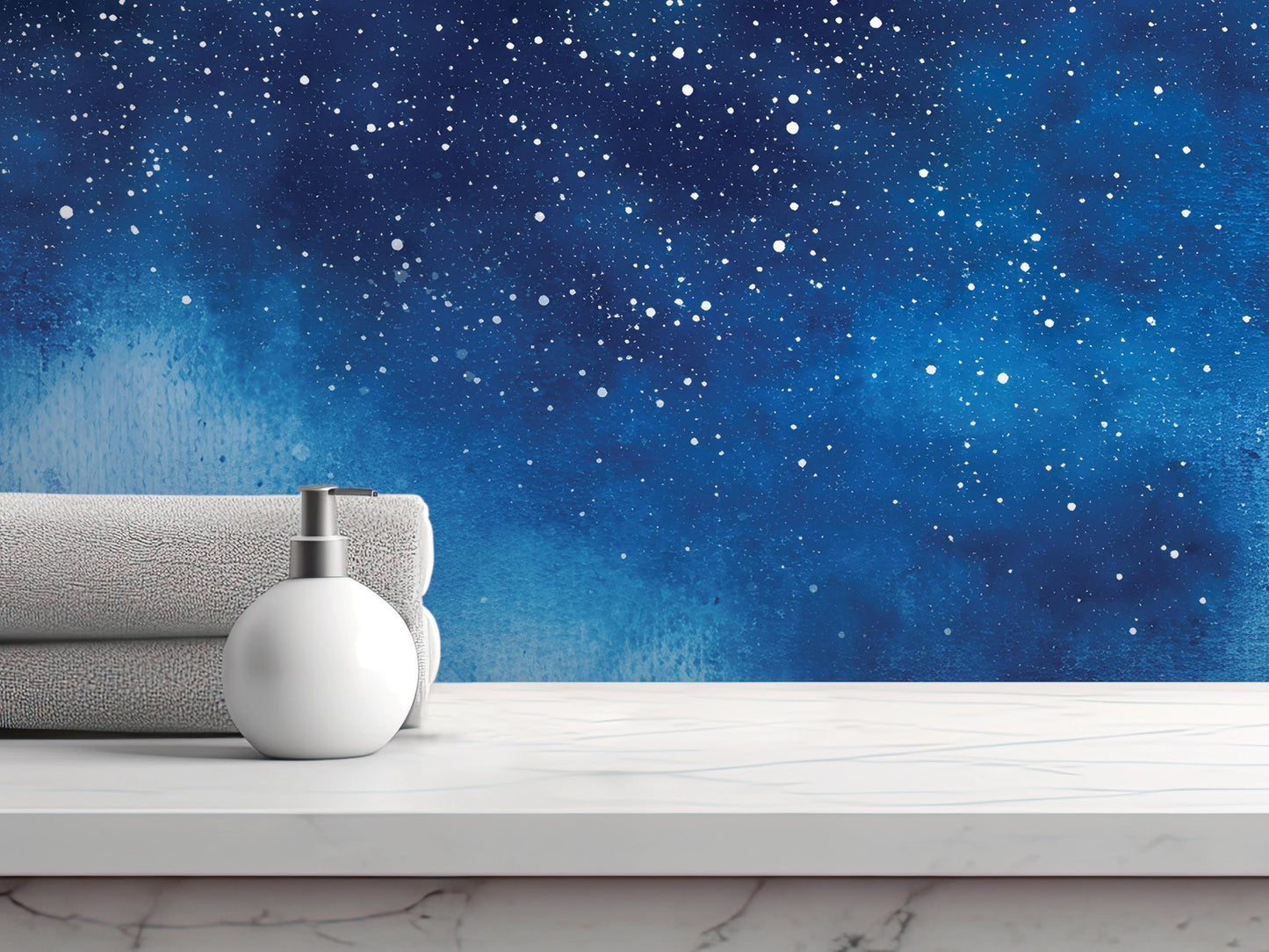 A white soap dispenser sits on a white marble countertop, with a stack of white towels beside it. The scene is set against a backdrop of a starry night sky, creating a serene and calming atmosphere.