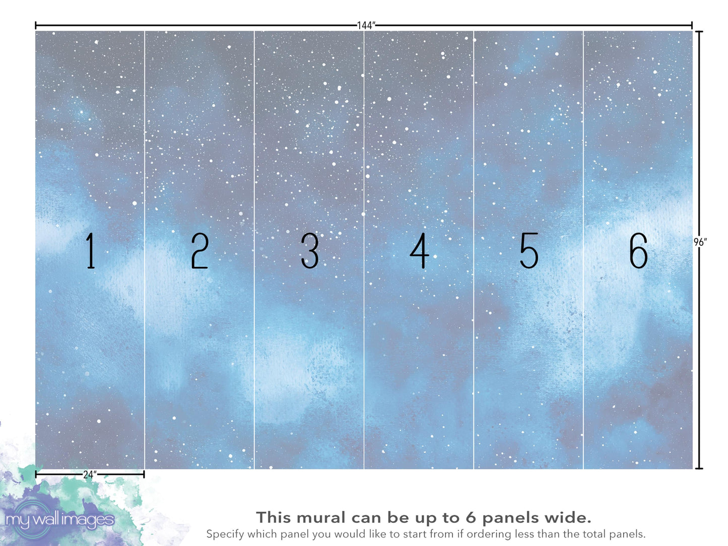 The image is a wall mural depicting a starry night sky with a gradient background transitioning from blue to white. The mural is designed to be up to 6 panels wide.