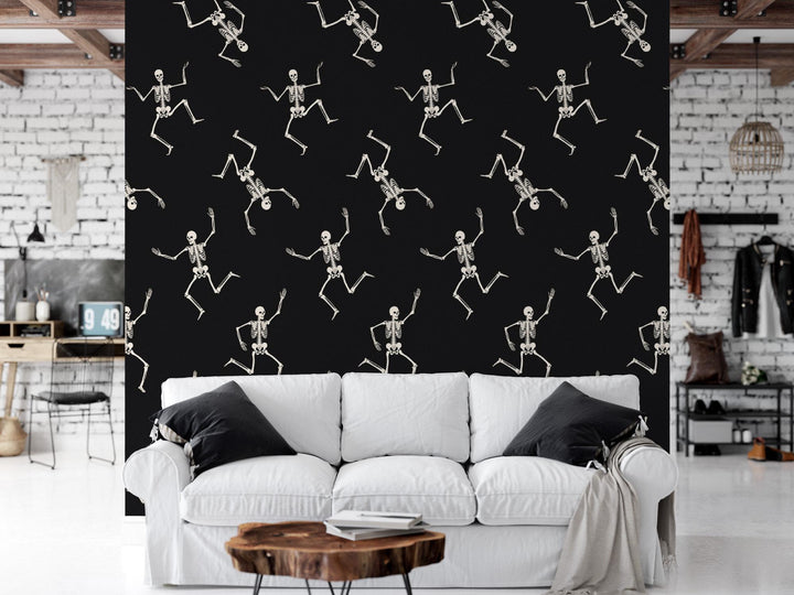 Dancing Skeletons on Black Mural - Halloween Mural - Removable Peel and Stick Wallpaper - Halloween Decor - Halloween Art - MW1911