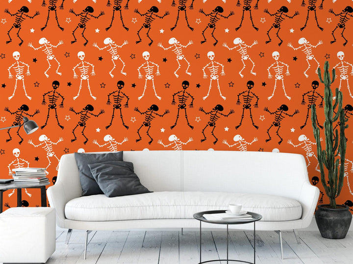 Skeletons on Orange Halloween Removable Wallpaper, Wall Art, Peel and Stick Wallpaper, Mural, Fall Wallpaper, Accent Wall, MW1915