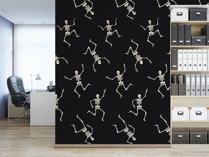 Dancing Skeletons on Black Mural - Halloween Mural - Removable Peel and Stick Wallpaper - Halloween Decor - Halloween Art - MW1911