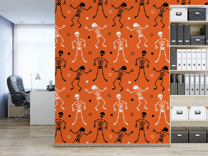 Skeletons on Orange Halloween Removable Wallpaper, Wall Art, Peel and Stick Wallpaper, Mural, Fall Wallpaper, Accent Wall, MW1915