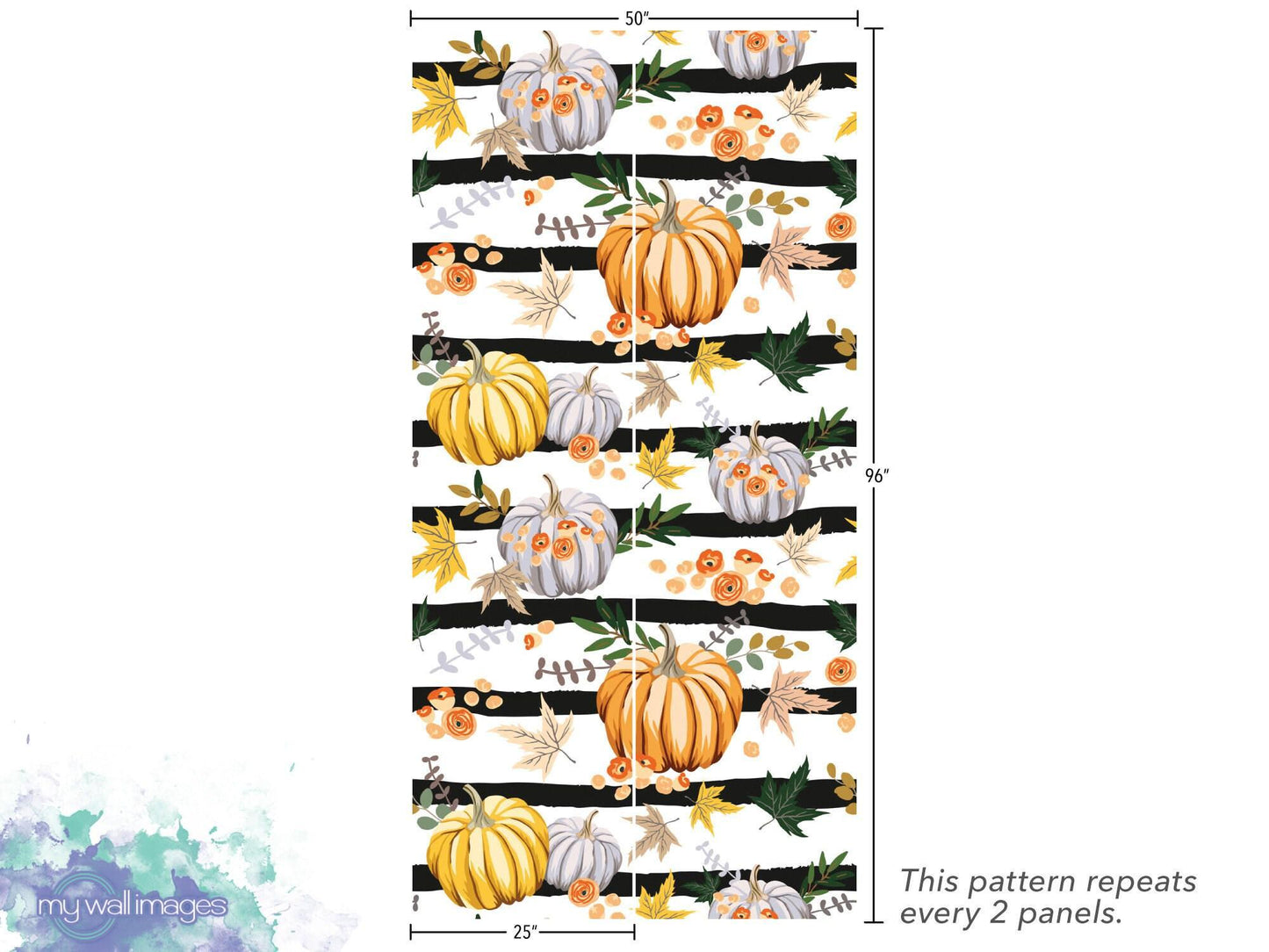 Pumpkins and Flowers on Stripes Temporary Removable Wallpaper, Peel and Stick Wallpaper, Mural, Fall Wallpaper, Accent Wall, MW1913