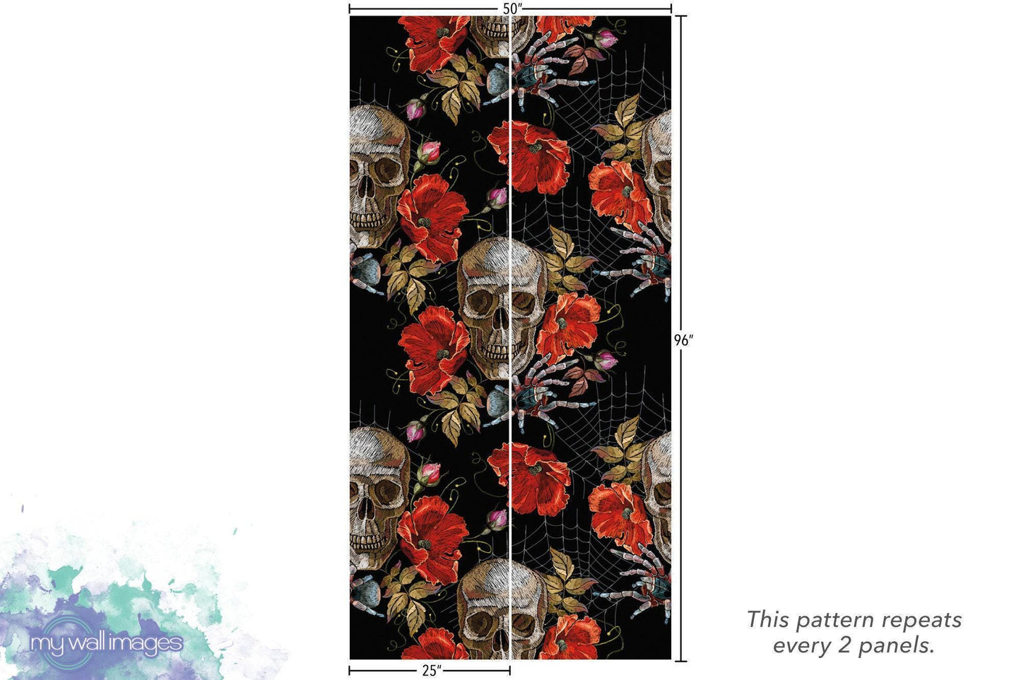 Skulls, Flowers, Spiders Mural - Halloween Mural - Removable Peel and Stick Wallpaper - Halloween Decor - Halloween Art - MW1818