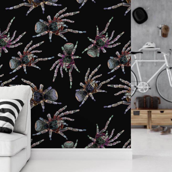 a wallpapered wall with a repeating pattern of colorful, detailed illustrations of various insects, including spiders and butterflies, against a black background.