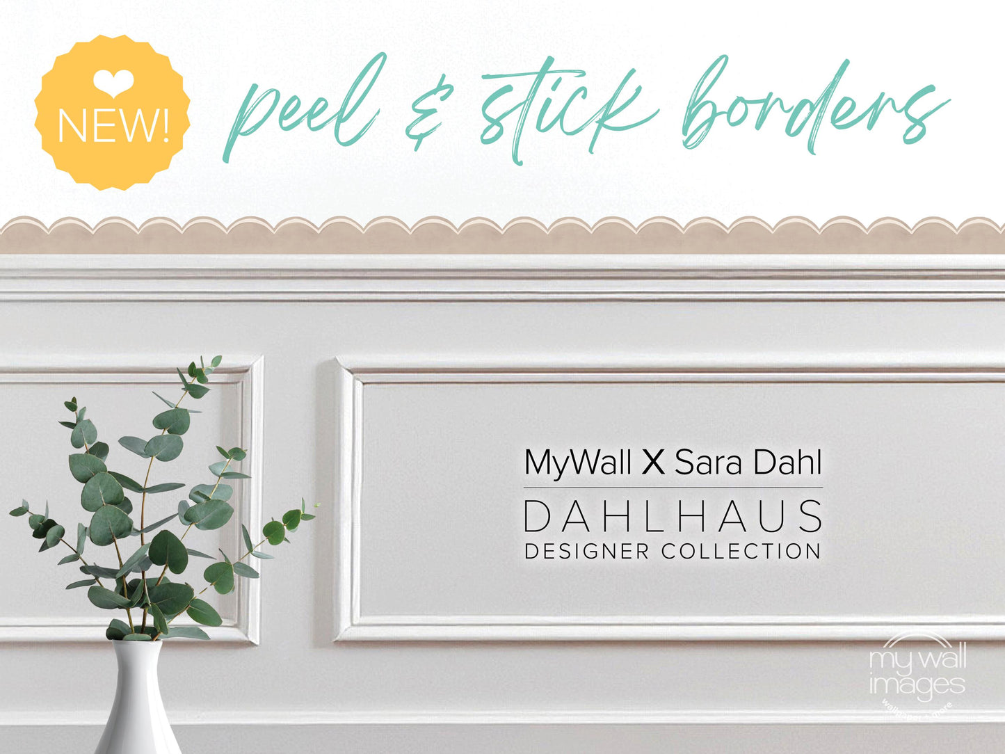 a white wall with a framed picture of a plant, and there is text that reads "MyWall x Sara Dahl Dahlhaus Designer Collection" and "NEW!" in the top left corner.