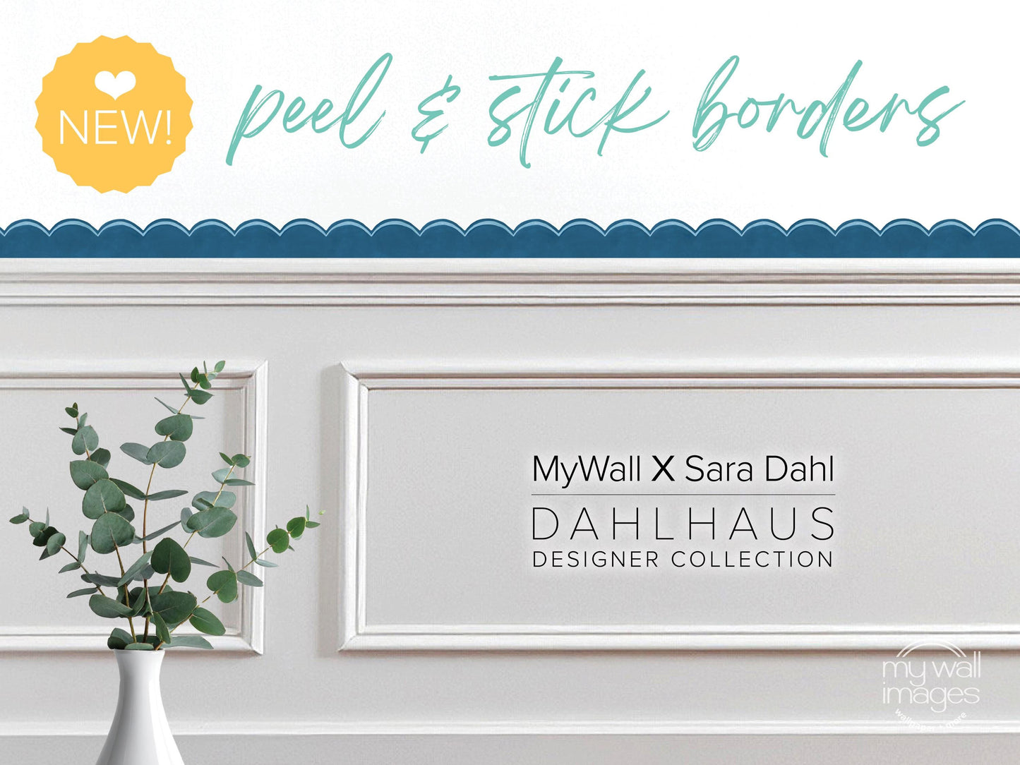 a white wall with a vase of green leaves, and there is text that reads "MyWall x Sara Dahl Dahlhaus Designer Collection" and "NEW!" in the top left corner.