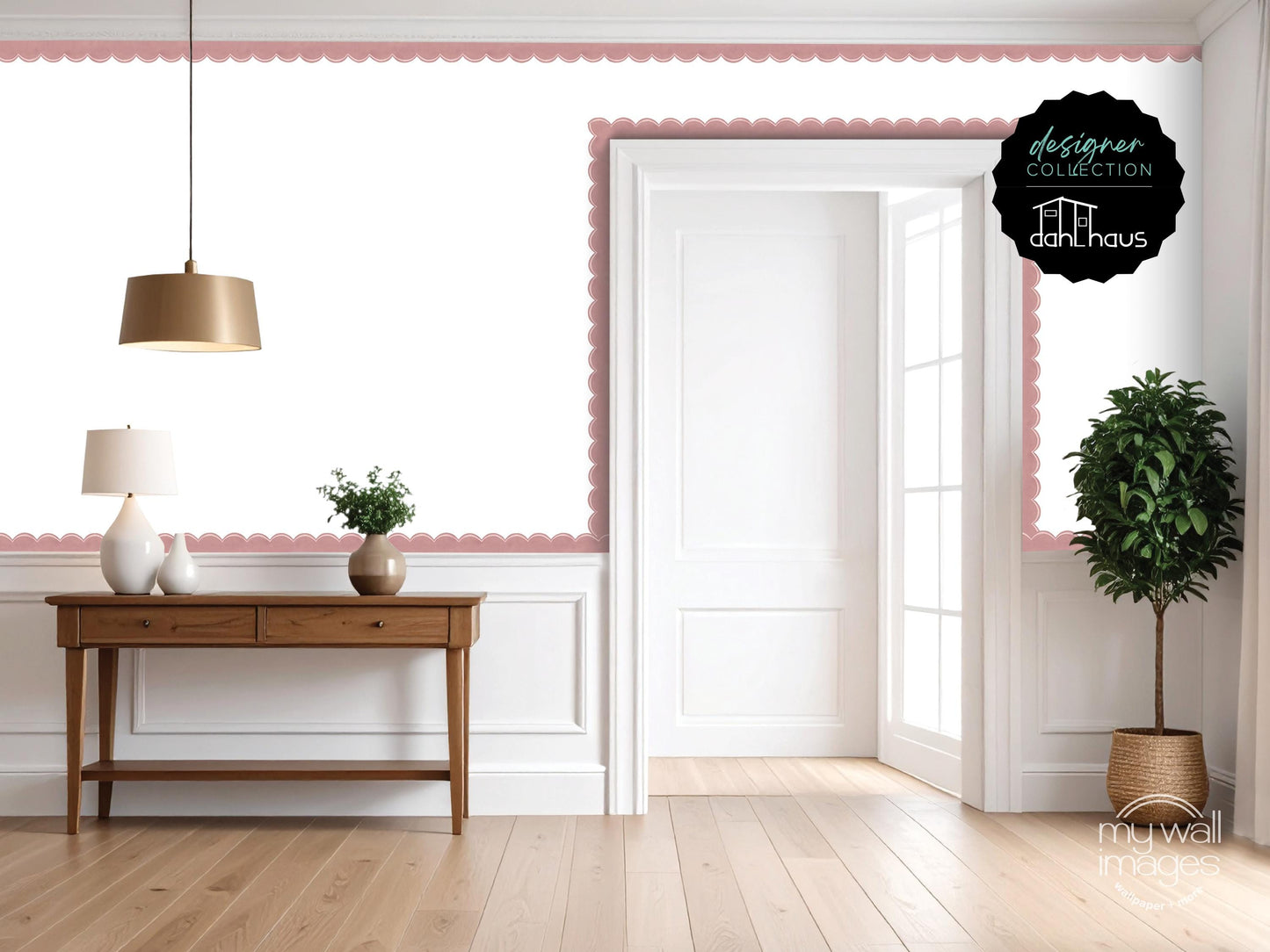 a modern and minimalist living room with a wooden console table, a lamp, and a potted plant. The room has a clean and bright atmosphere, with a pink scalloped trim on the walls and a large window providing natural light.