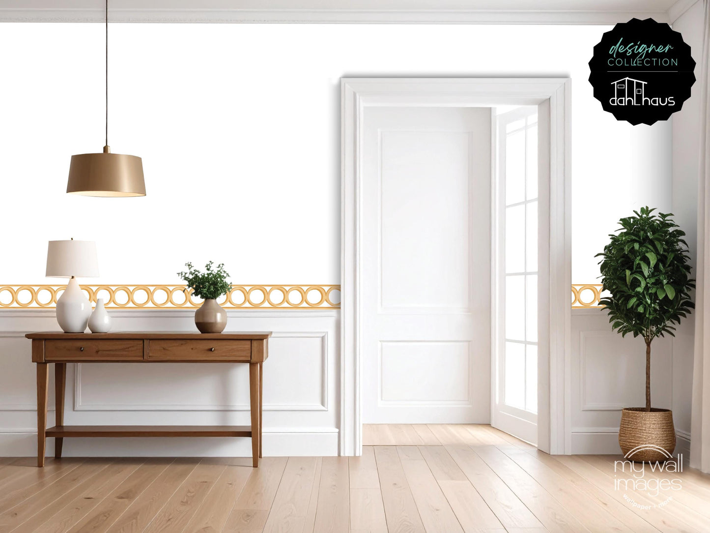 a modern and minimalist living room with a wooden console table, a lamp, and a potted plant. The room has a clean, white color scheme and features a large window that allows natural light to fill the space.